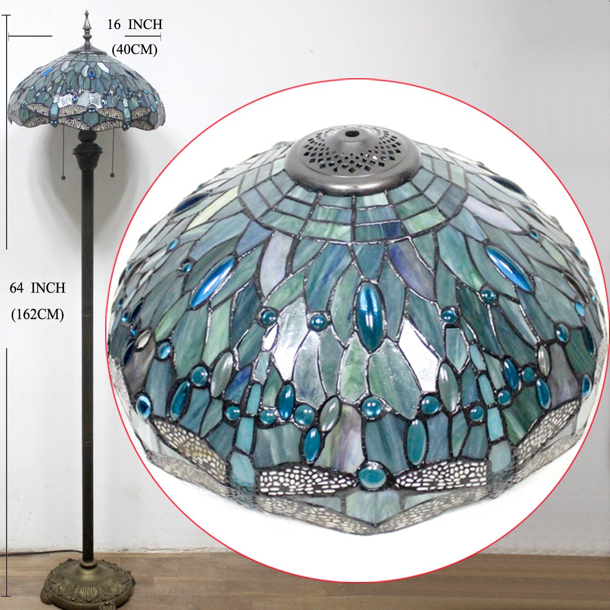 WERFACTORY Tiffany Floor Lamp - Sea Blue Stained Glass, 16x16x64 Inches, Antique Pole Design for Bedroom & Living Room, S147 Series