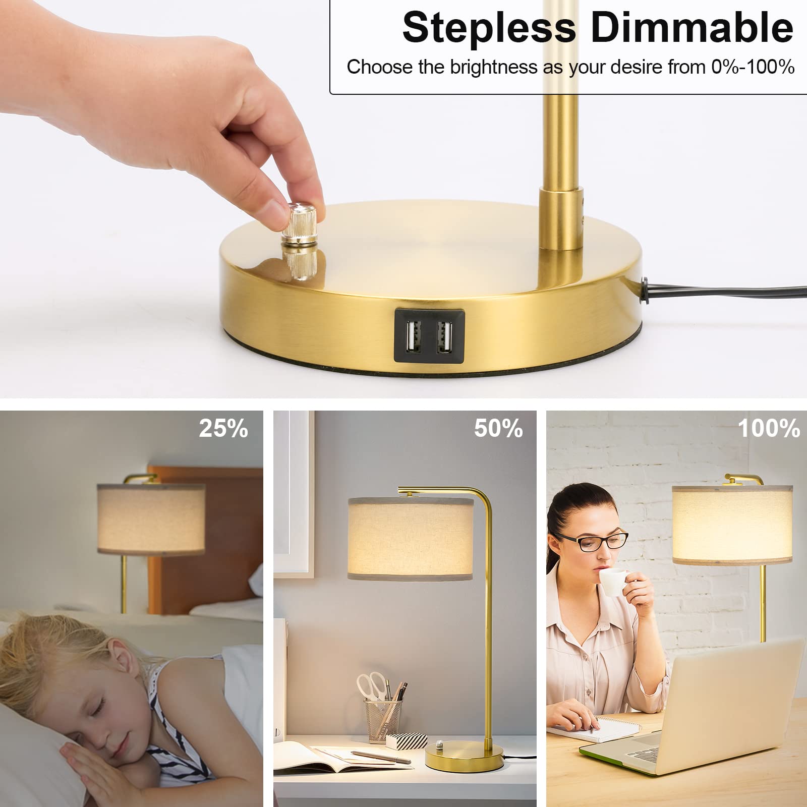 Fully Dimmable Bedside Lamp With Dual Usb Ports, Mordern Gold Nightstand Lamp Desk Reading Lamp With Beige Drum Shade, Tall Side