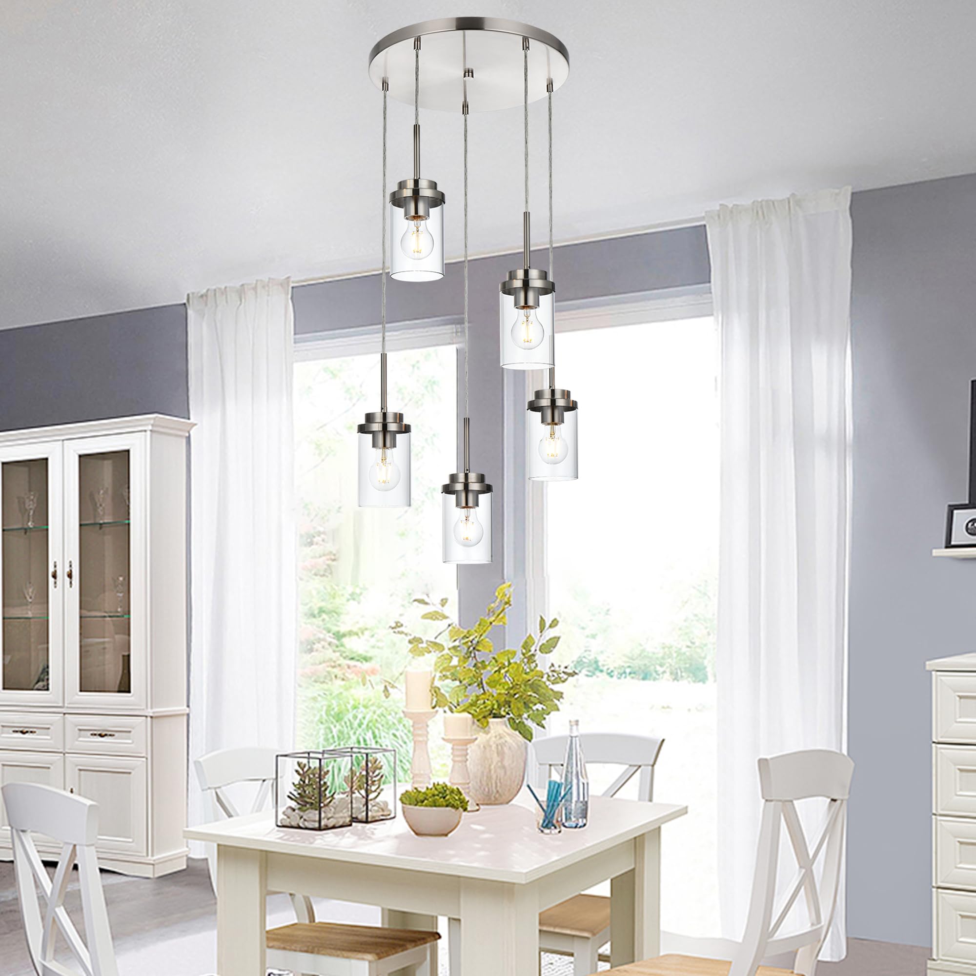 MELUCEE 5-Light Cluster Pendant Lights Brushed Nickel Metal Chandelier 4-4501-5RD-SN Adjustable Ceiling Lamp with Clear Glass Shade