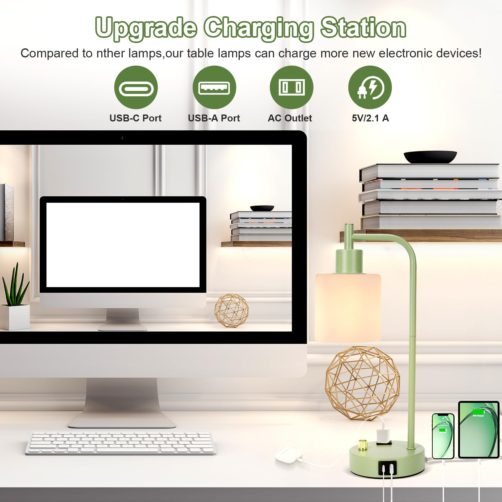 Gliti Industrial Table Lamp Desk Lamp, Stepless Dimmable Desk Lamp With 2 Usb Ports And Ac Power Outlet, Frosted Glassshade, Eye