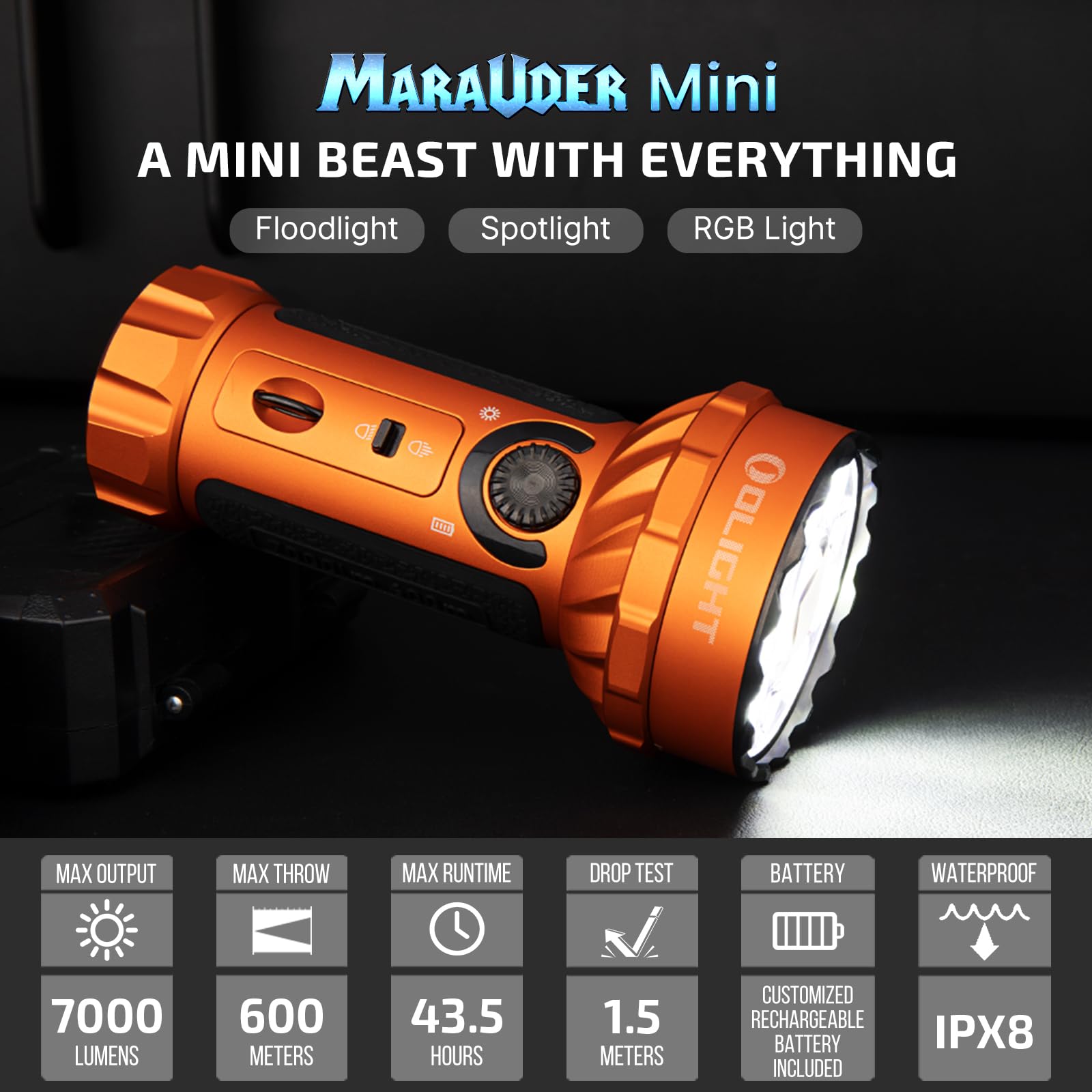 OLIGHT Marauder Mini Flashlight - 7,000 Lumens, 600m Beam, Rechargeable, Orange, Aluminum, Model O-MARAUDERMINI-OG-US#FBA