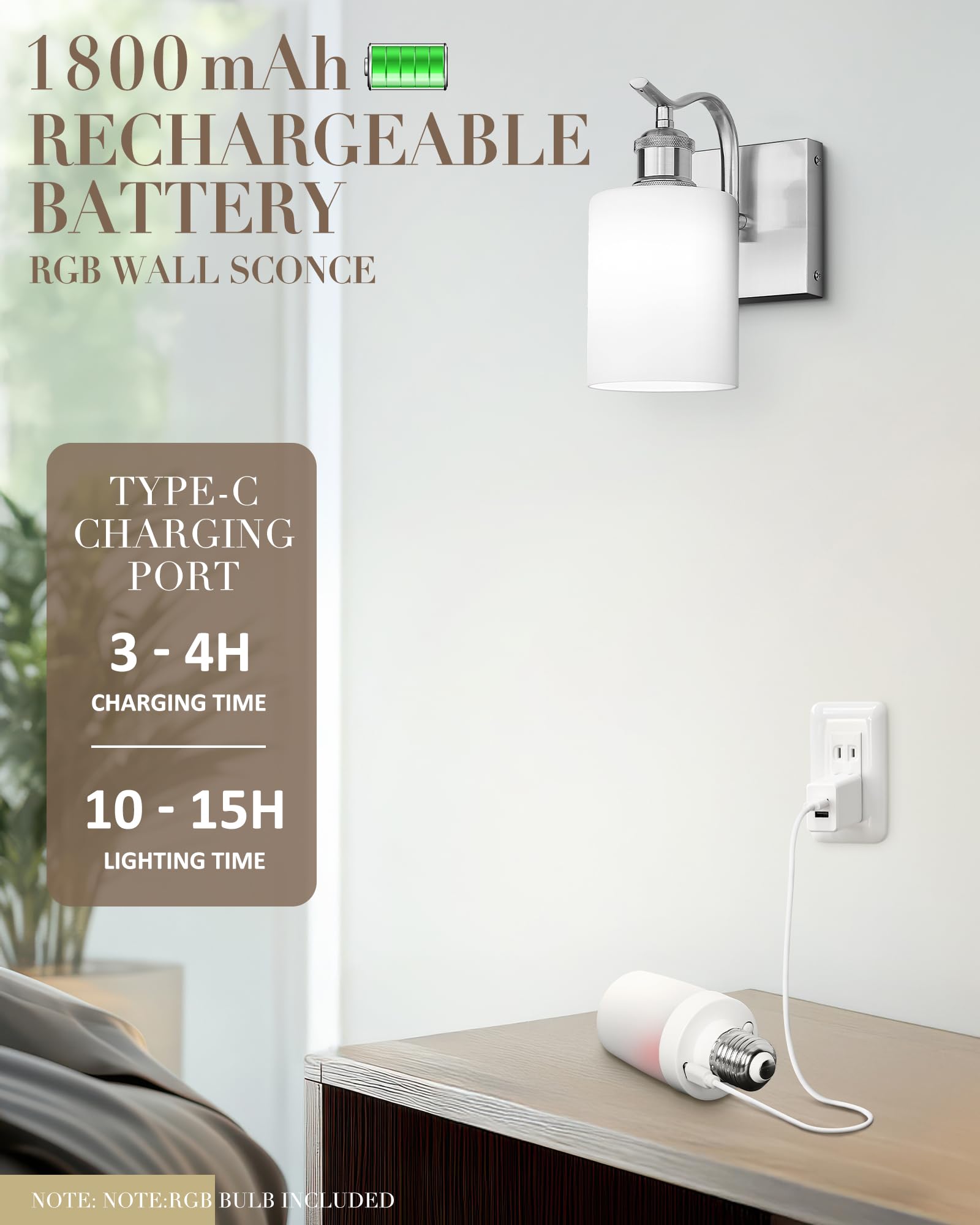 JAZAVA Wall Sconce Set of 2, Battery Operated, Remote Control, Brushed Nickel & Milk Glass, Model ZCVL01BN-1B-2P