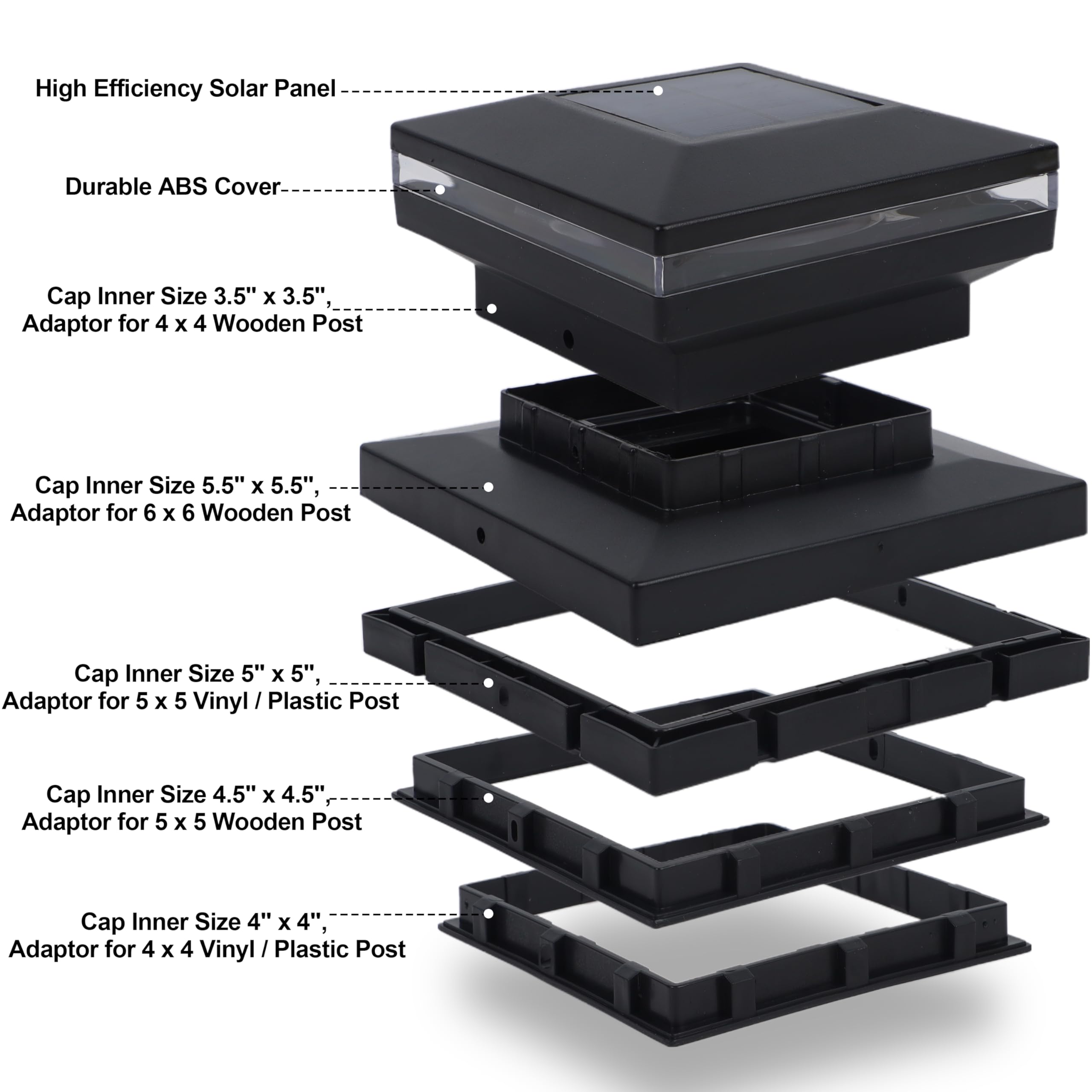 Dynaming 8 Pack Solar Post Lights, Outdoor Decorative Post Cap Light, Solar Powered Black Shell Caps, Brightness Warm White Led
