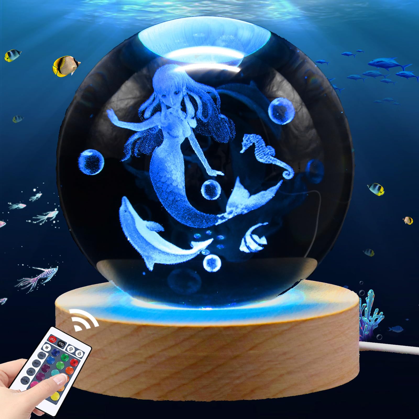 Shellvcase 3.15in 3D Mermaid Nightlight, Mermaid Lamps for Girls Bedroom, Mermaid Night Light, 16 Colors & Remote Controls Cryst