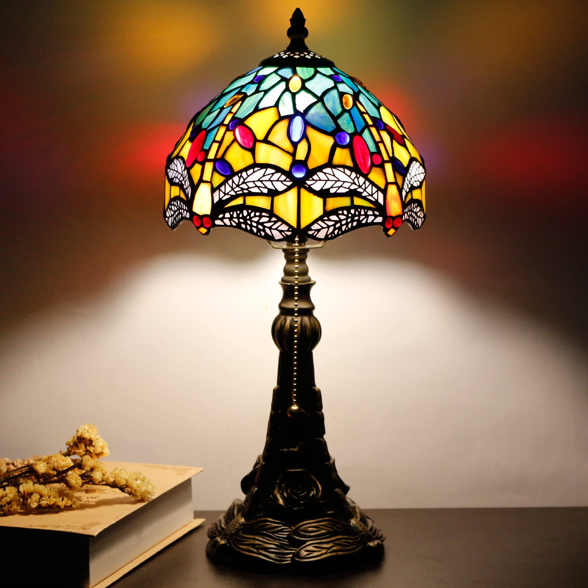 Small Tiffany Lamp Mini Stained Glass Desk Lamp Vintage Table Lamp Tiffany Style Night Light 8X17.5 Inch (Yellow Dragonfly Style