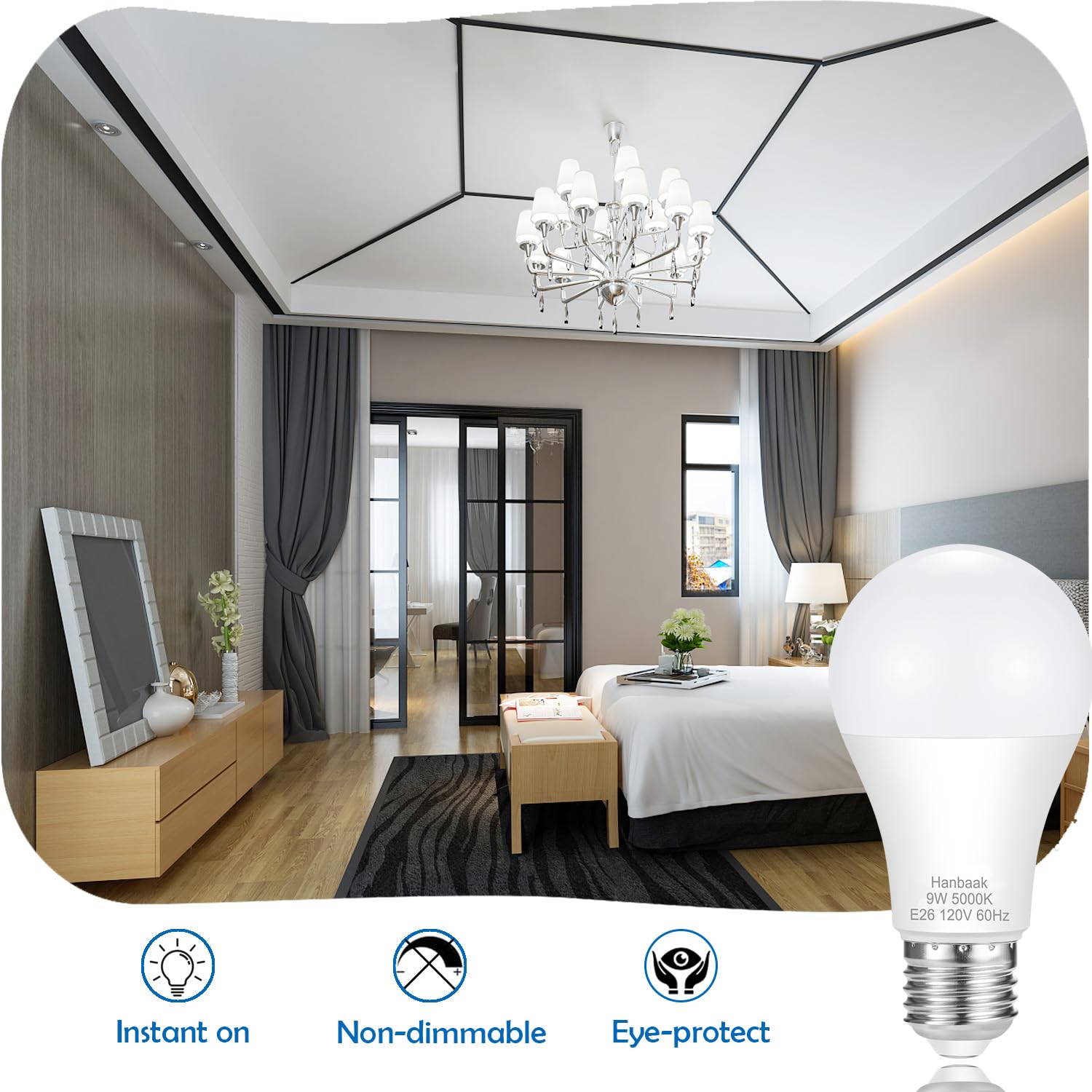 Hanbaak E26 Led Bulb, 60W Equivalent Light Bulb, 9W Medium Screw Base Bulb, Non-Dimmable, Daylight White 5000K 4 Packs