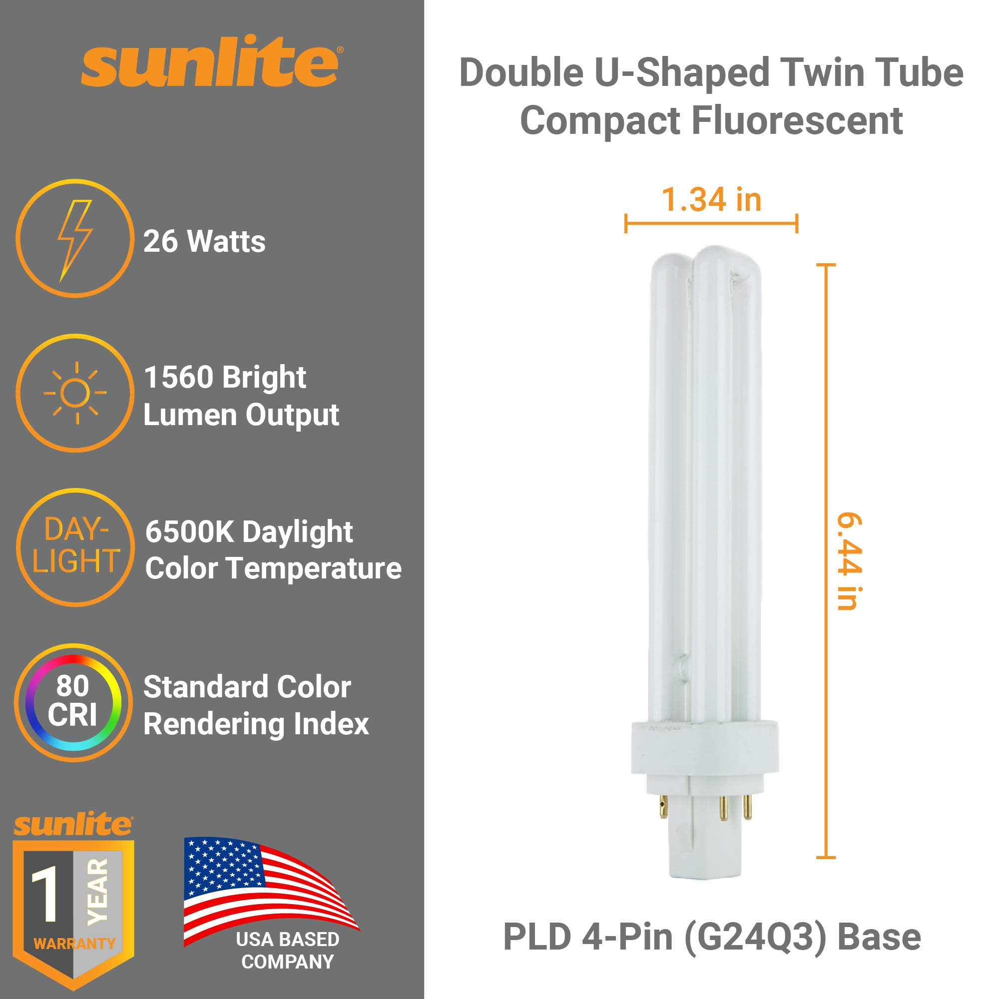 Sunlite Compact Fluorescent PLD 4 Pin Double U-Shaped Twin Tube Light Bulb, 26 Watts, 120 Volts, 4 PinG24q3 Base, 1560 Lumens, 6