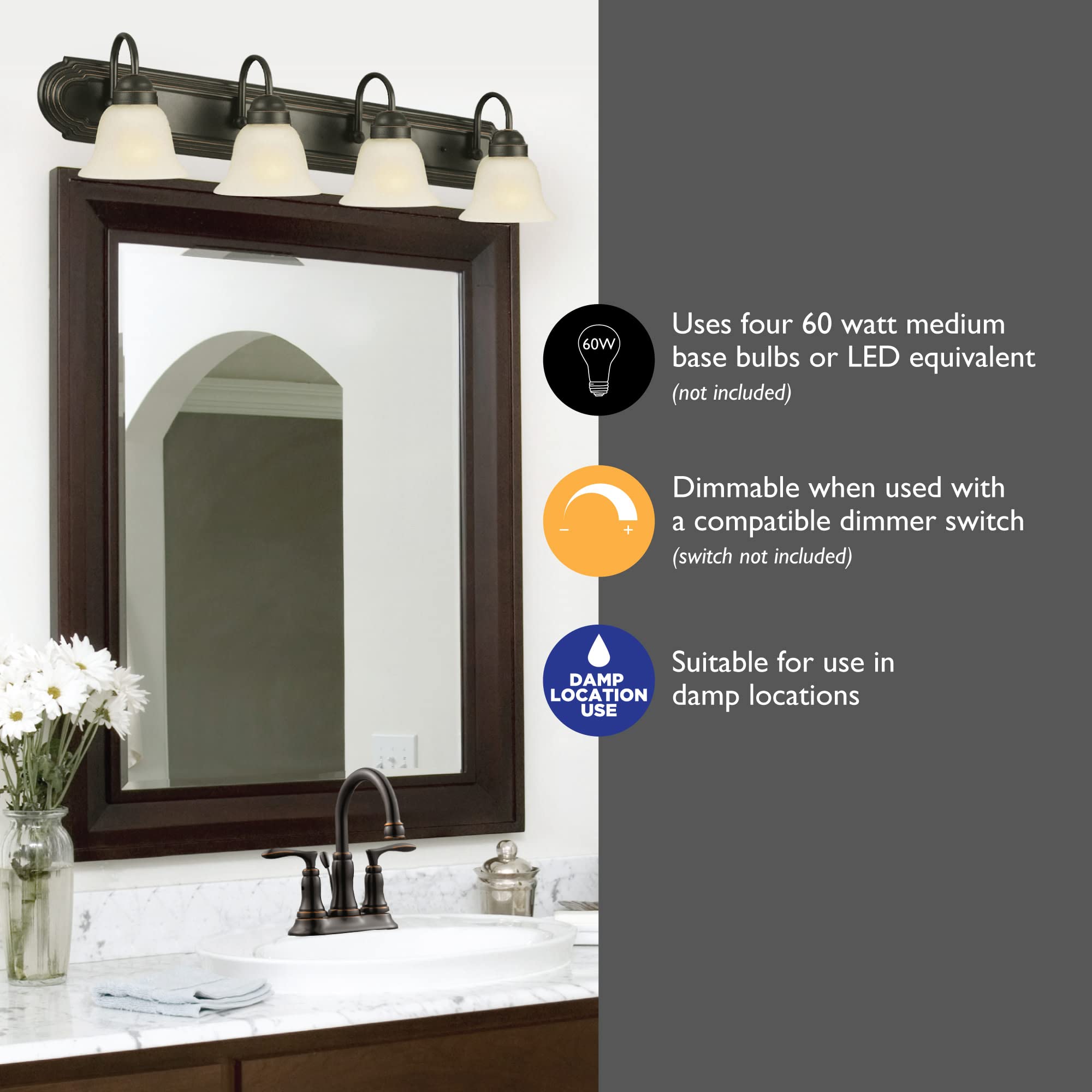 Allante 4-Light Vanity Light, Oil Rubbed Bronze Finish, Frosted Glass Shades, Dimmable, Bathroom Wall Fixture - Design House, 50