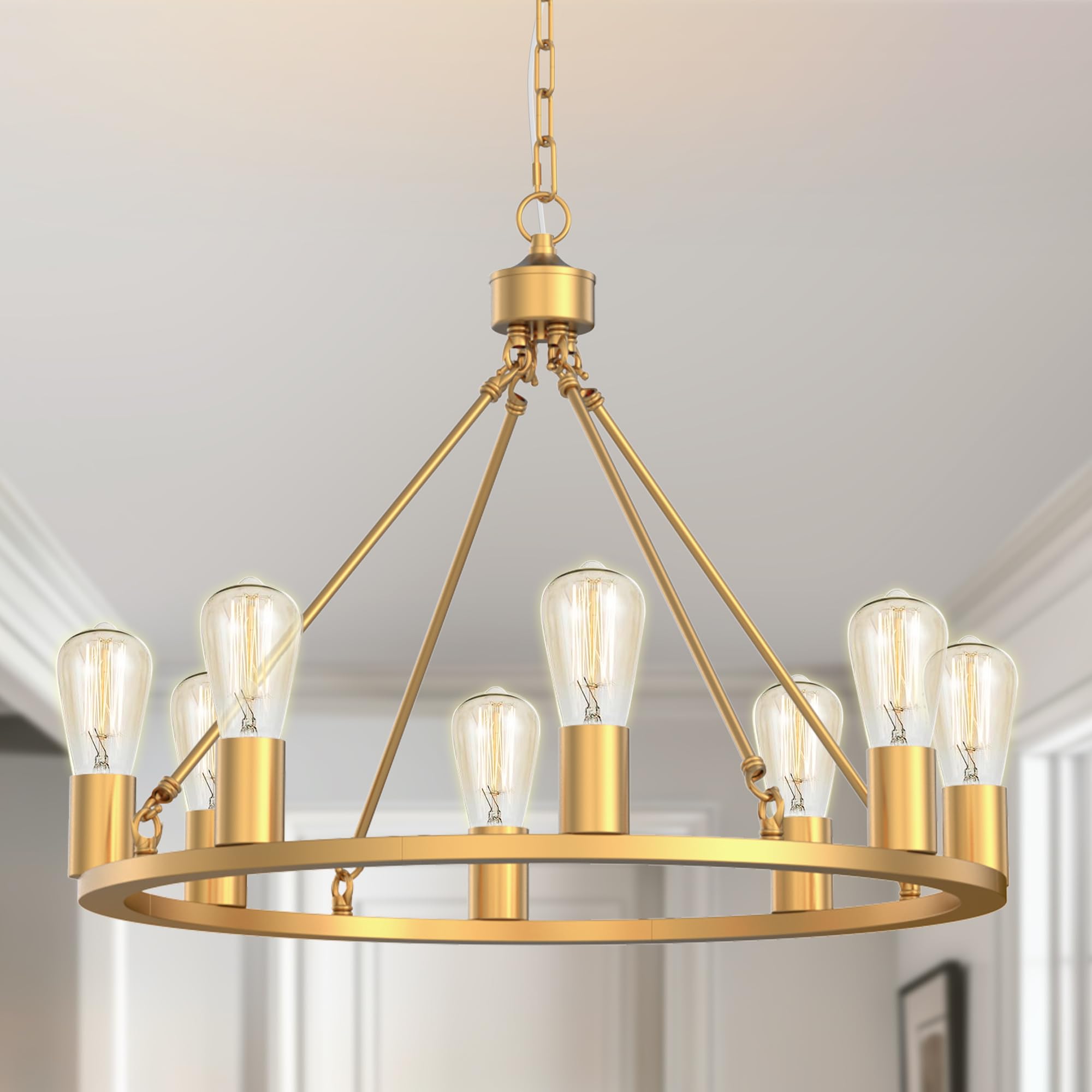 L Lohas Led Gold Farmhouse Chandeliers For Dining Room, 8-Light Wagon Wheel Chandelier Over Table, Height Adjustable, 24'' Dinin