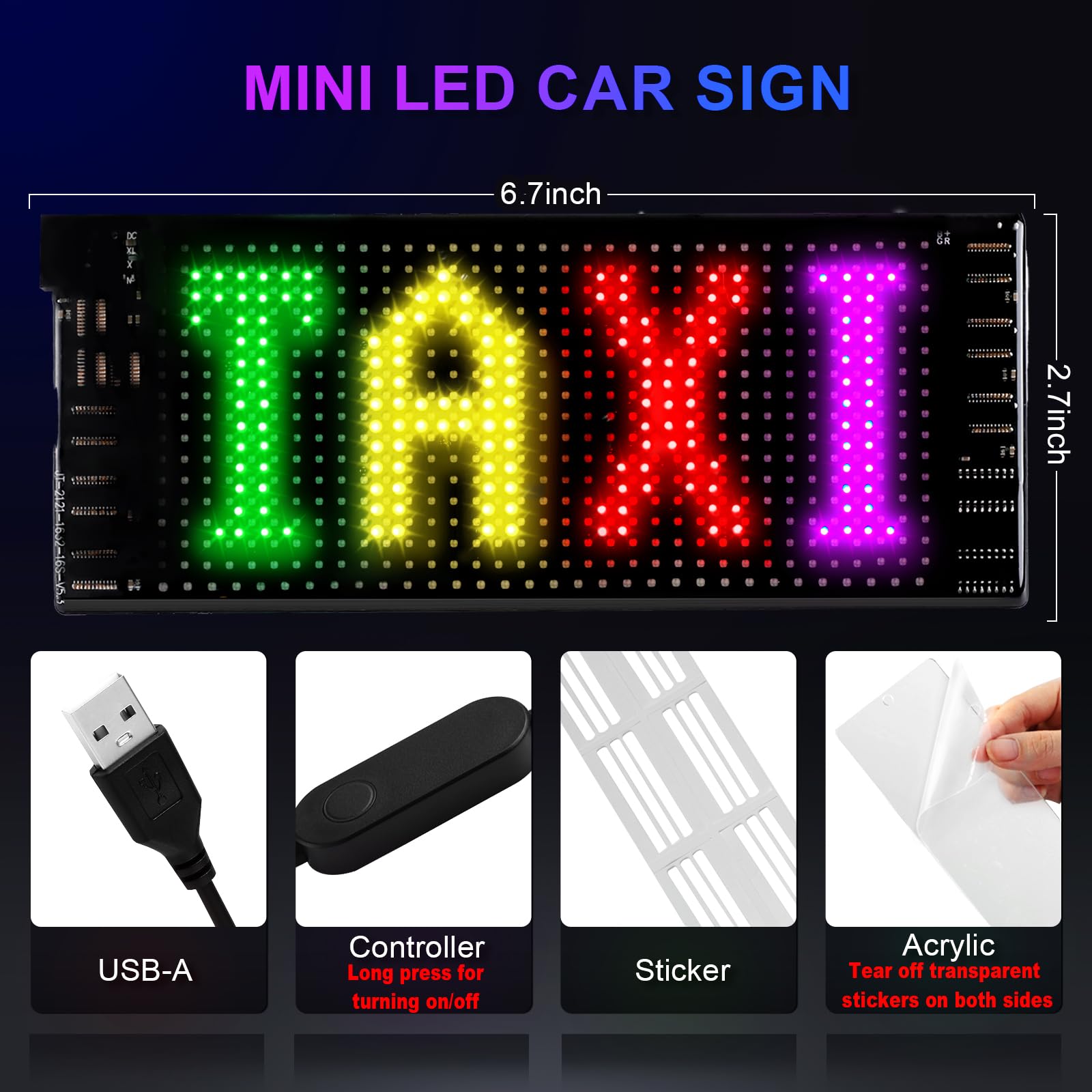 Light Sign For Car, 6.7''X2.7'' Programmable Flexible Led Matrix Panel, Bluetooth App Control Custom Text Pattern Animation Scrolling Led Display For Car Windshield