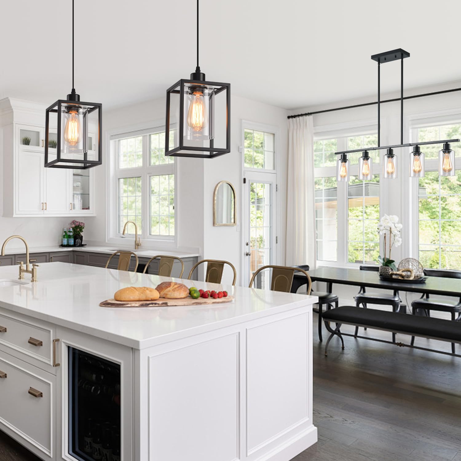 AOJUNSANSAN Black Pendant Light Fixture, Metal Glass, Adjustable Height, Industrial Lantern for Kitchen Island, Model AJ-P201