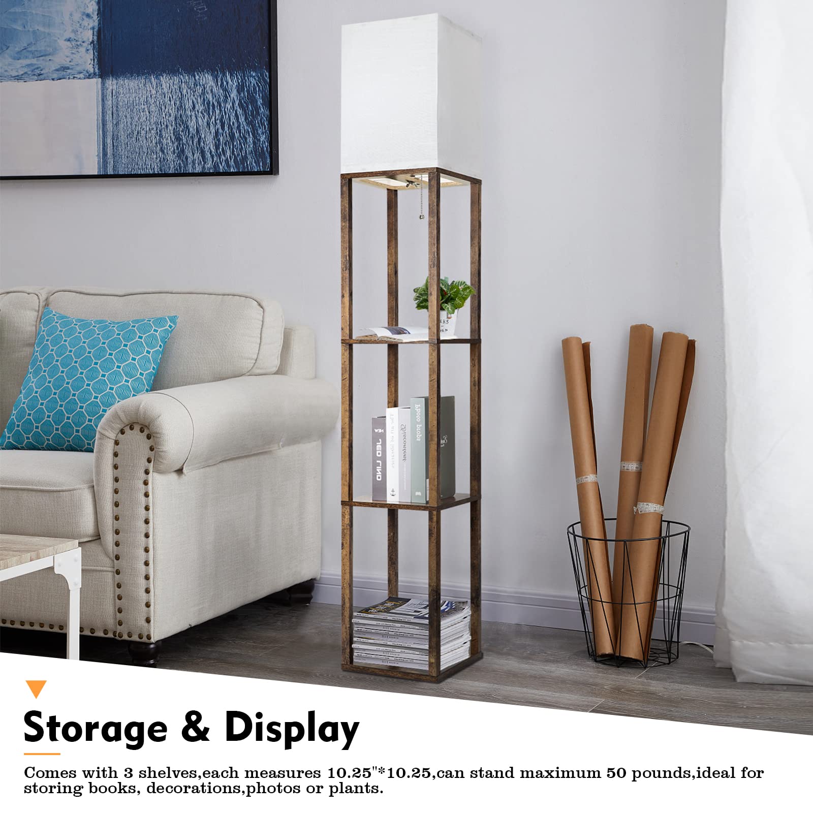 Runtop Modern Floor Lamp With Shelves, 3 Color Temperatures, Rustic Brown, 8W Bulb