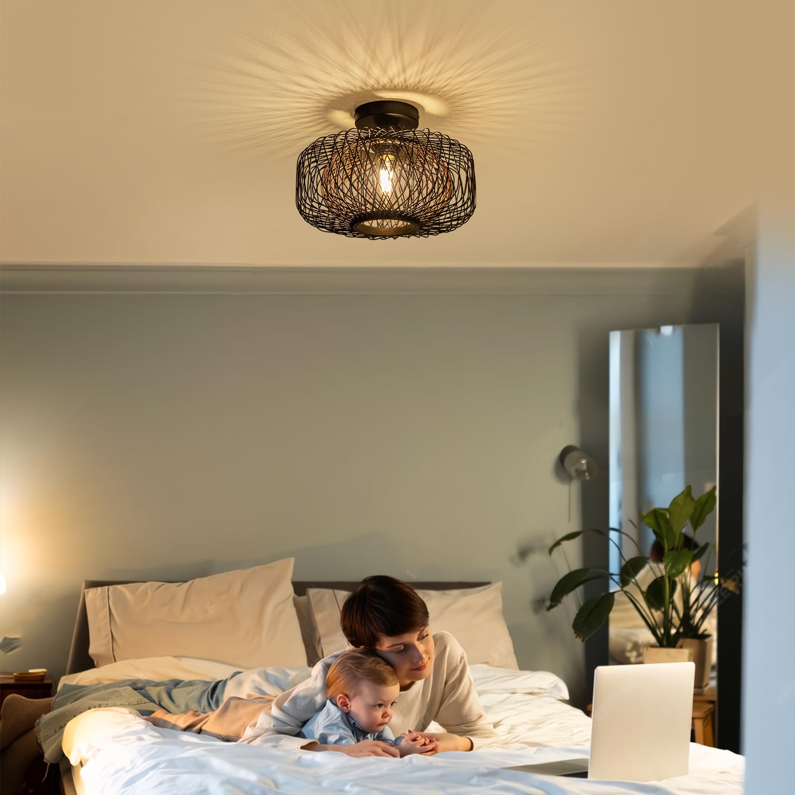 Tbaoinla 13" Hand-Woven Rattan Light Fixture Bedroom Light Fixture Boho Light Fixture Living Room Black Light Fixture Hallway Kitchen Farmhouse Light Fixtures Dining Room Light Fixture Black Brown