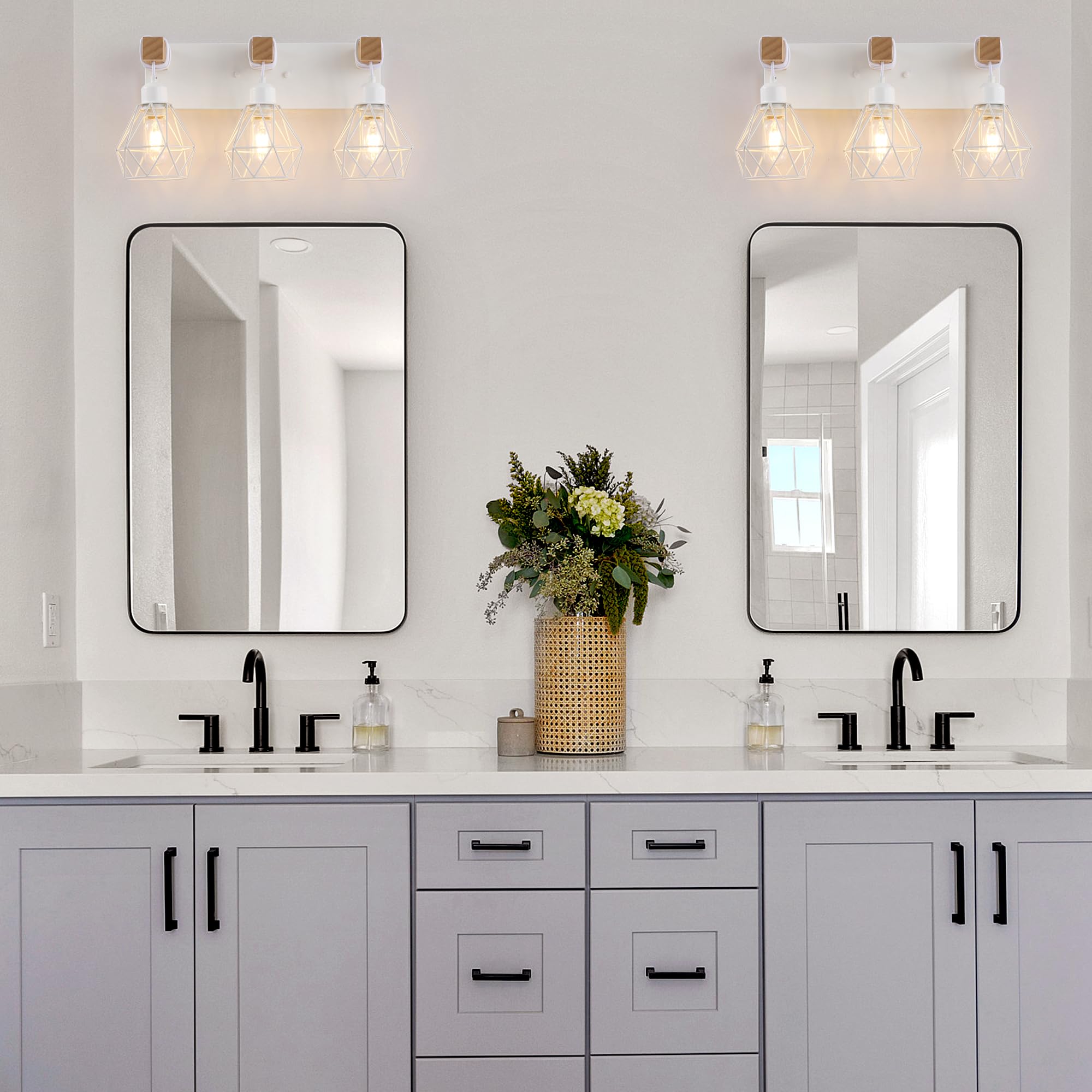 Maesta 3-Light Farmhouse Bathroom Vanity Light Fixture, Rustic Wood & Metal Sconces, White, Model MA021-3