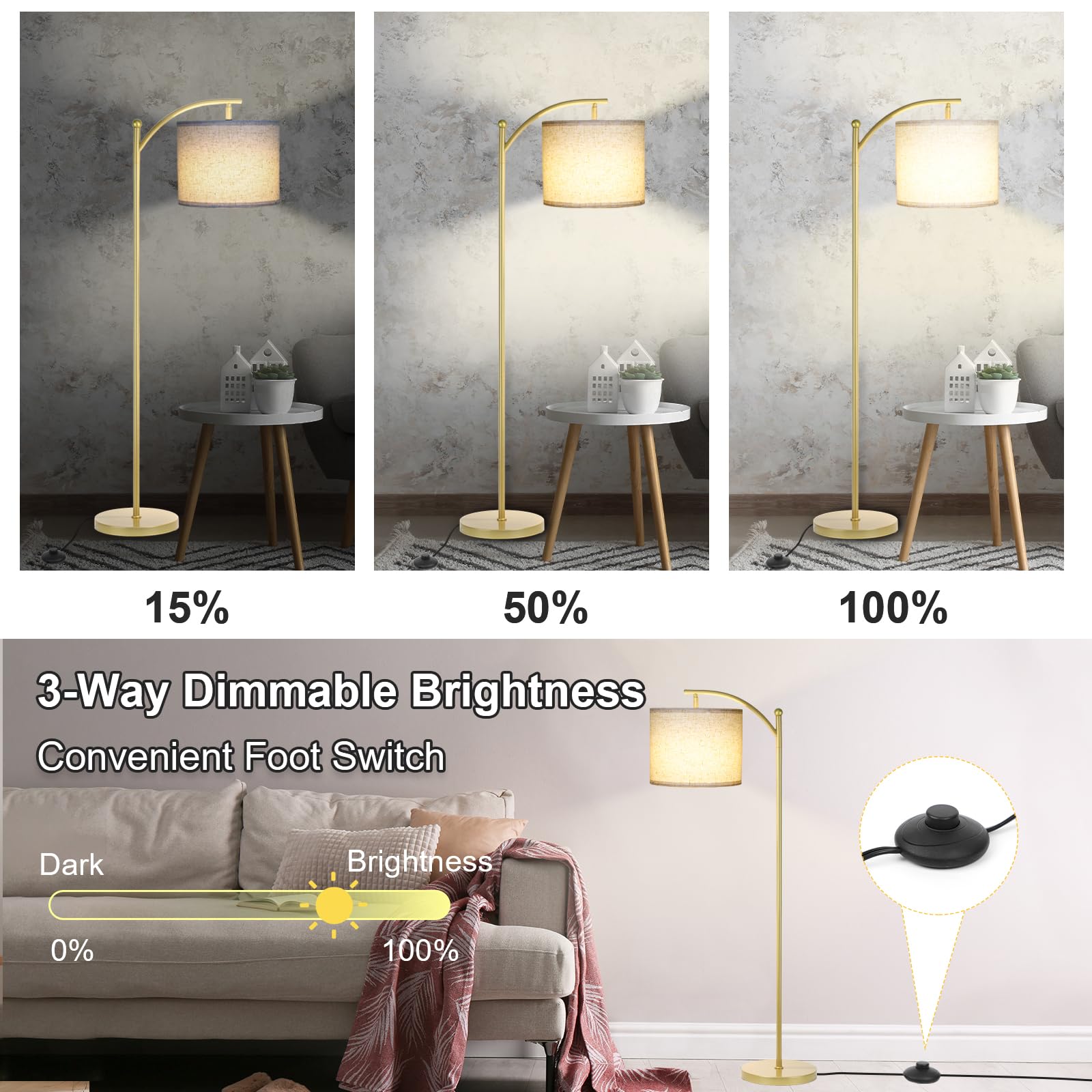 Floor Lamp For Living Room, Dimmable Standing Lamp Tall With Linen Shade Modern Floor Lamps Foot-Step Switch Reading Lamp For Li