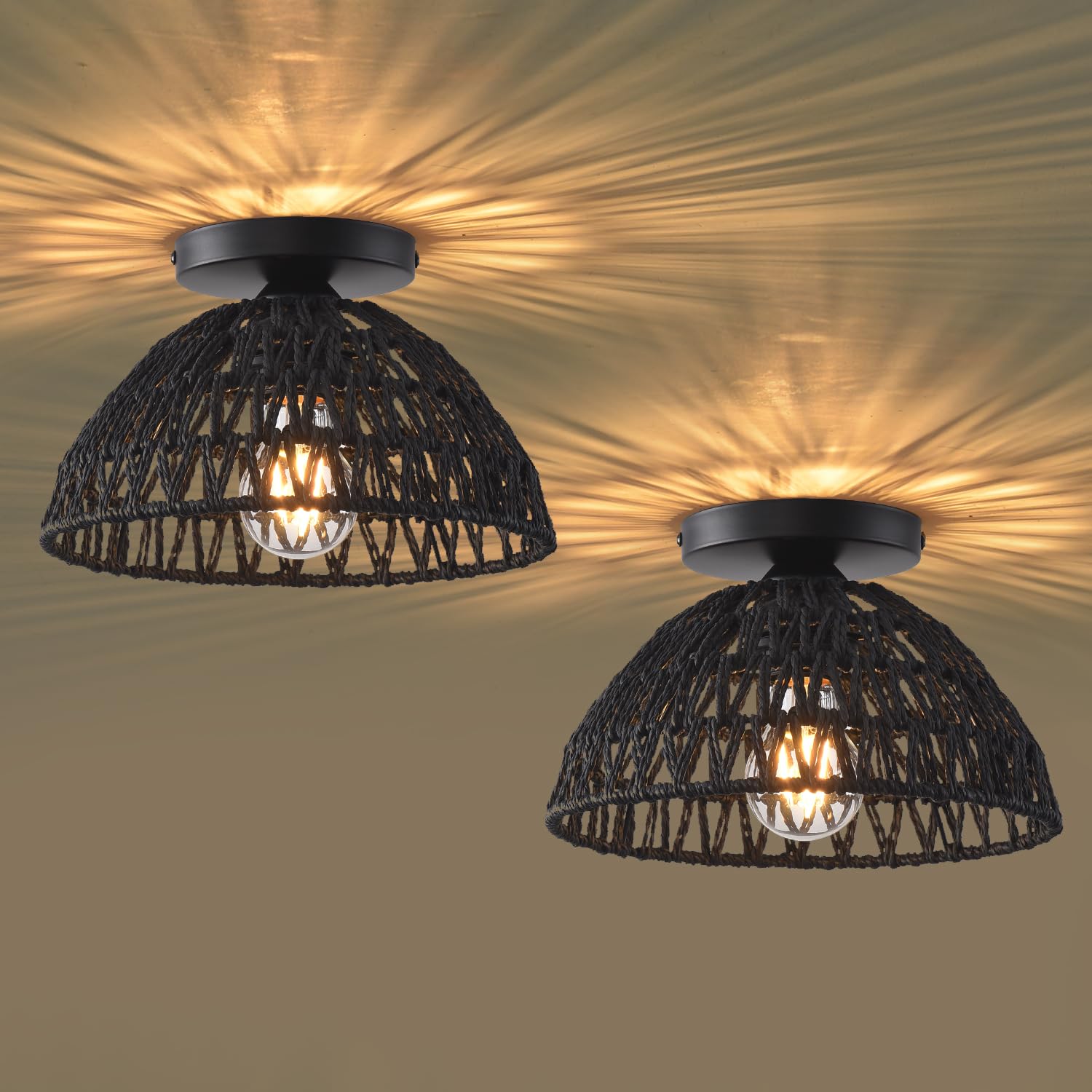 Ihengyanlt 2 Pack 10.2'' H Farmhouse Fixtures Ceiling Mount,Black Rattan Boho Semi Flush Mount Ceiling Light,Hand Woven Hallway 