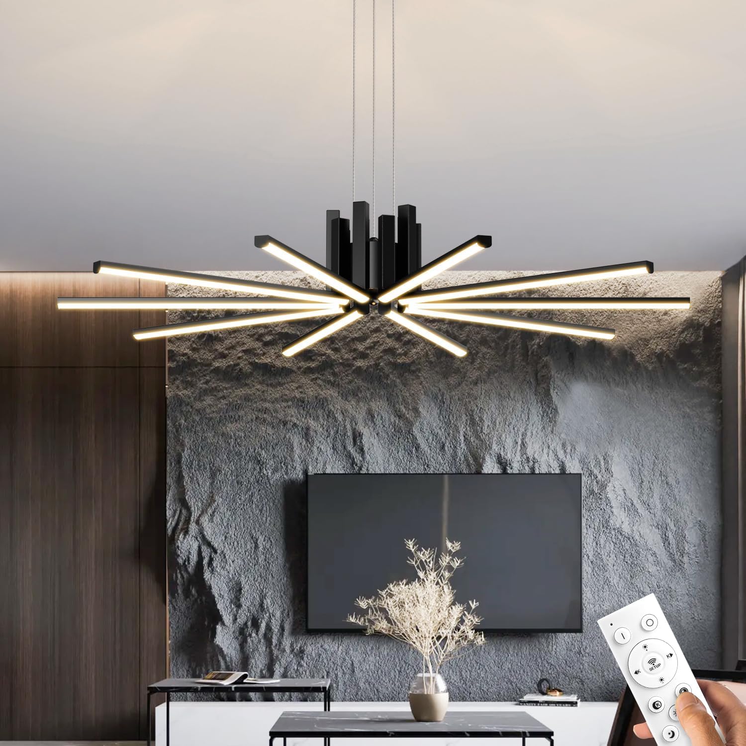JYUWRIVG Modern Led Chandelier, Dimmable Sputnik Light Fixture, Remote Control, Black, Model YM05