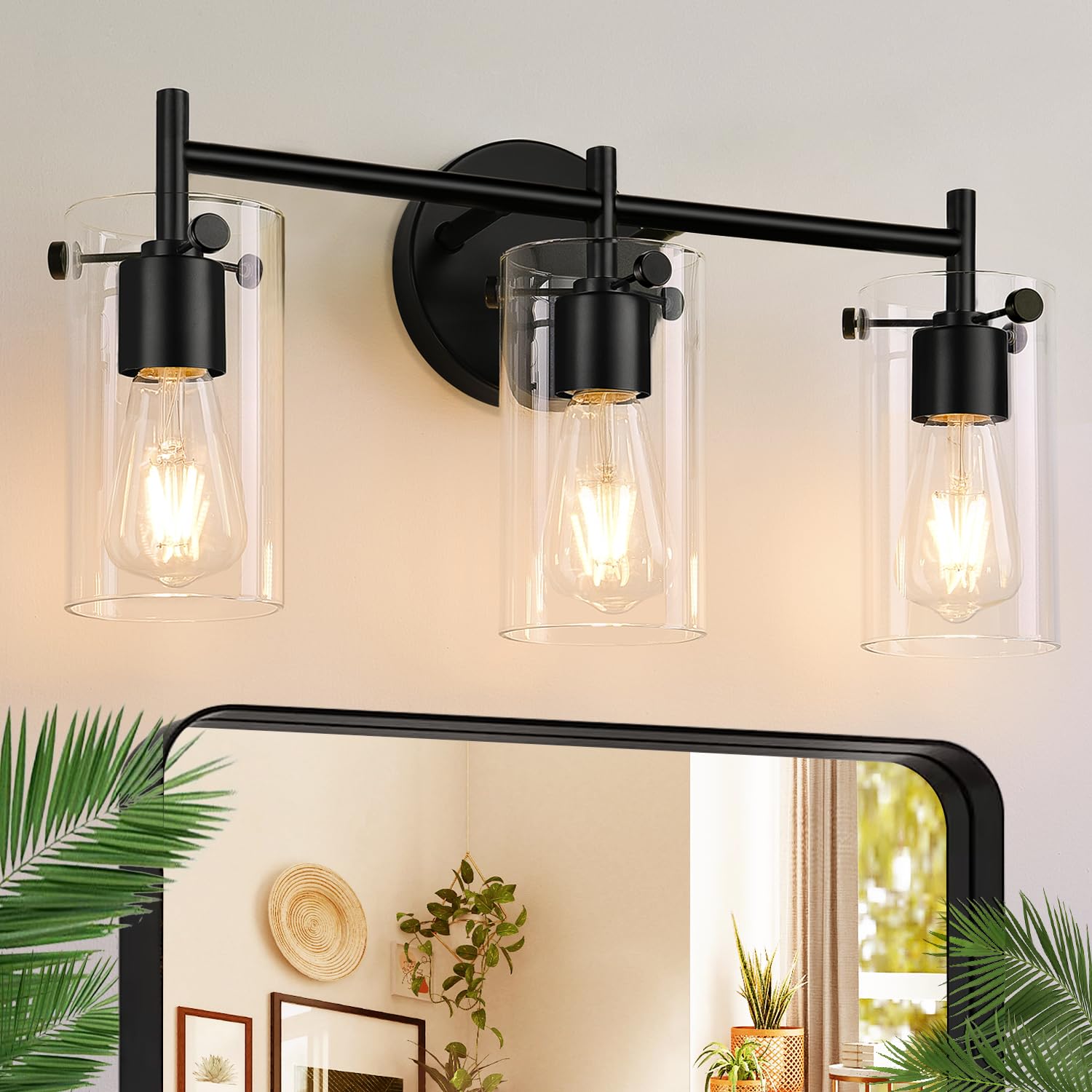 Indoi Bathroom Light Fixtures 2023 Upgrade, 3-Light Matte Black Vanity Light, Black Bathroom Lights Over Mirror With Clear Glass