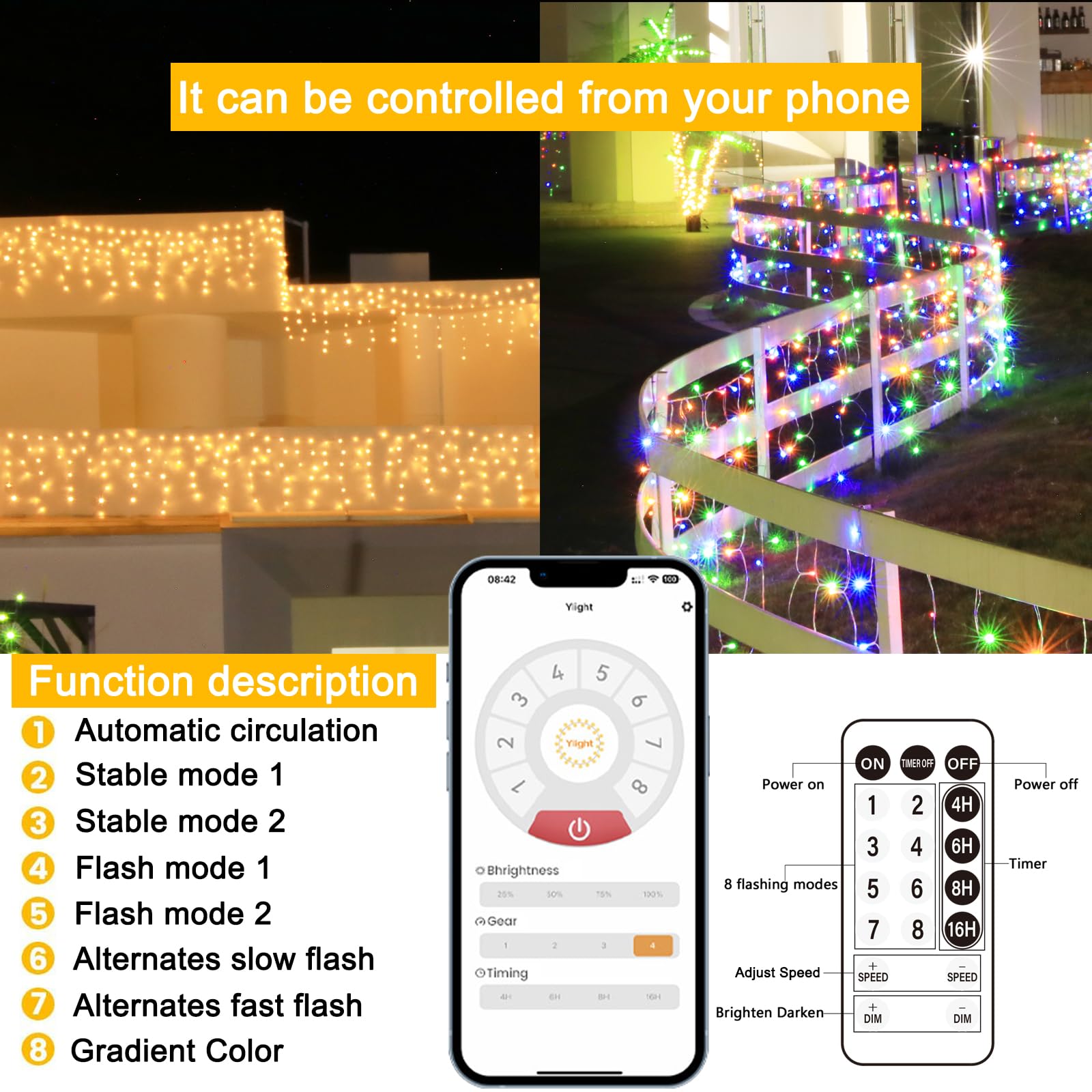 SOSHOT Christmas String Lights - 1680 LED, 131FT, Waterproof, 8 Modes, Remote Control, Warm White to Multicolor, Model SJDHAZ-030-006W2