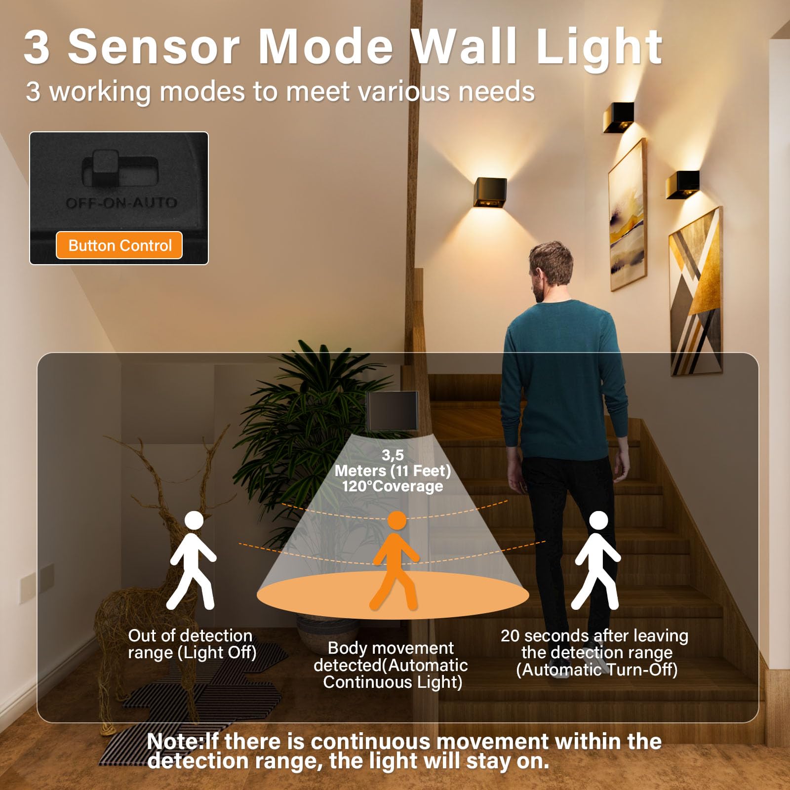 DUMILOO Motion Sensor Wall Light, Rechargeable, Dimmable, 3 Colors, Indoor LED Sconce for Living Room, Bedroom, Stair