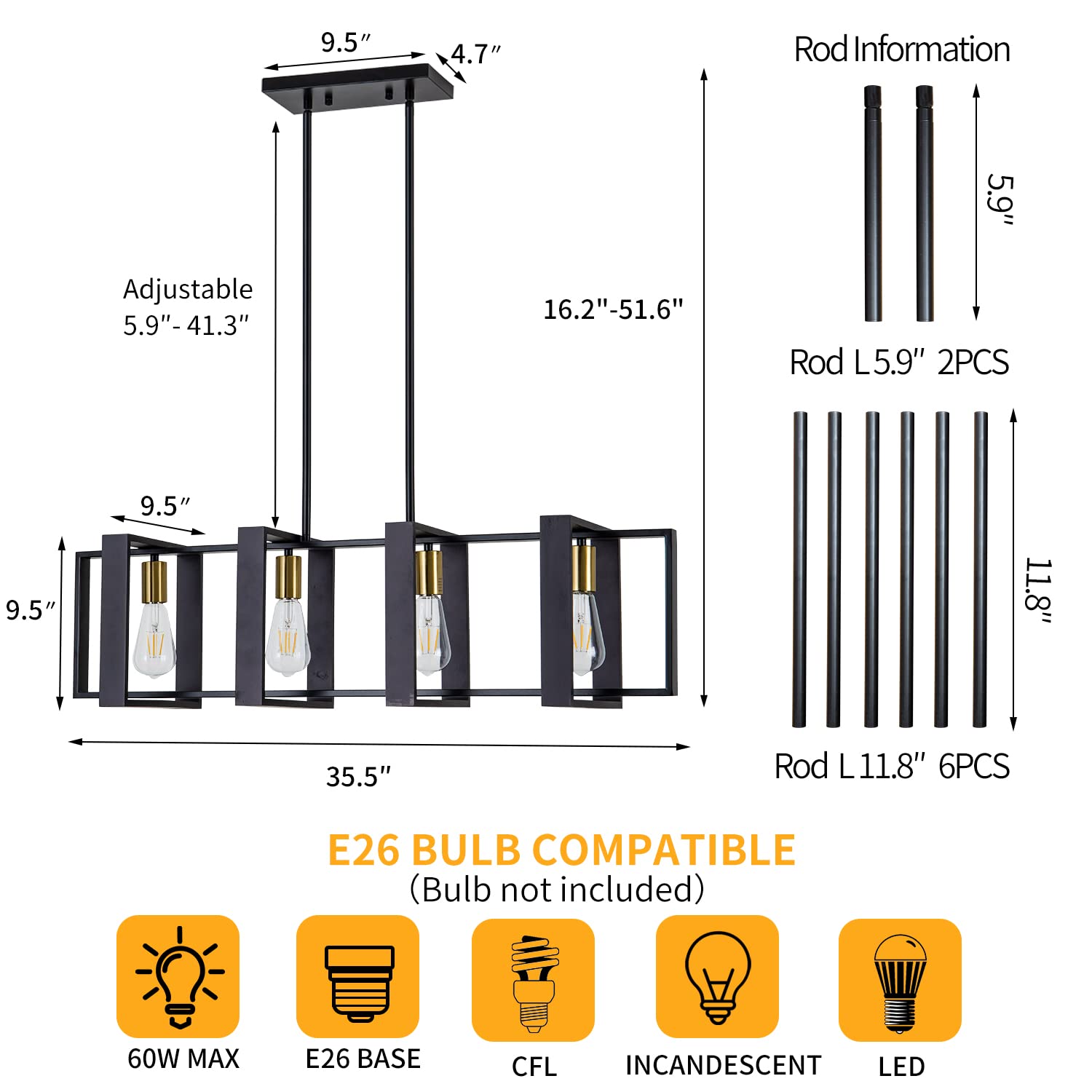 Poroulux Black Farmhouse Kitchen Island Chandelier, 4 Lights, Metal, 1001 Series, Industrial Ceiling Fixture for Dining Room