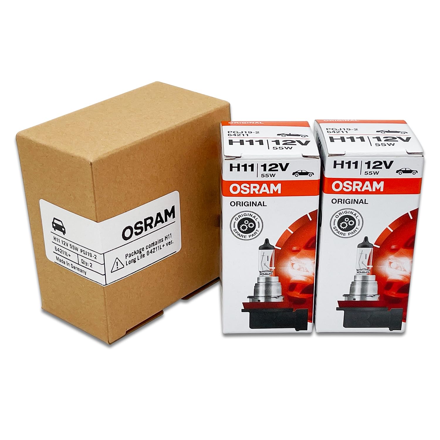 OSRAM H11 Halogen Headlight Bulbs - 12V 55W 64211L+ Long Life, Pack of 2, Made in Germany, Black