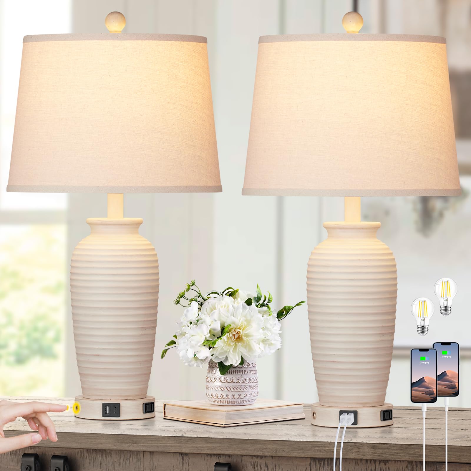 CINSARY 25in Farmhouse Table Lamps Set of 2, 3 Way Touch Control, USB A+C Ports, Gray Resin, LED Bulbs Included
