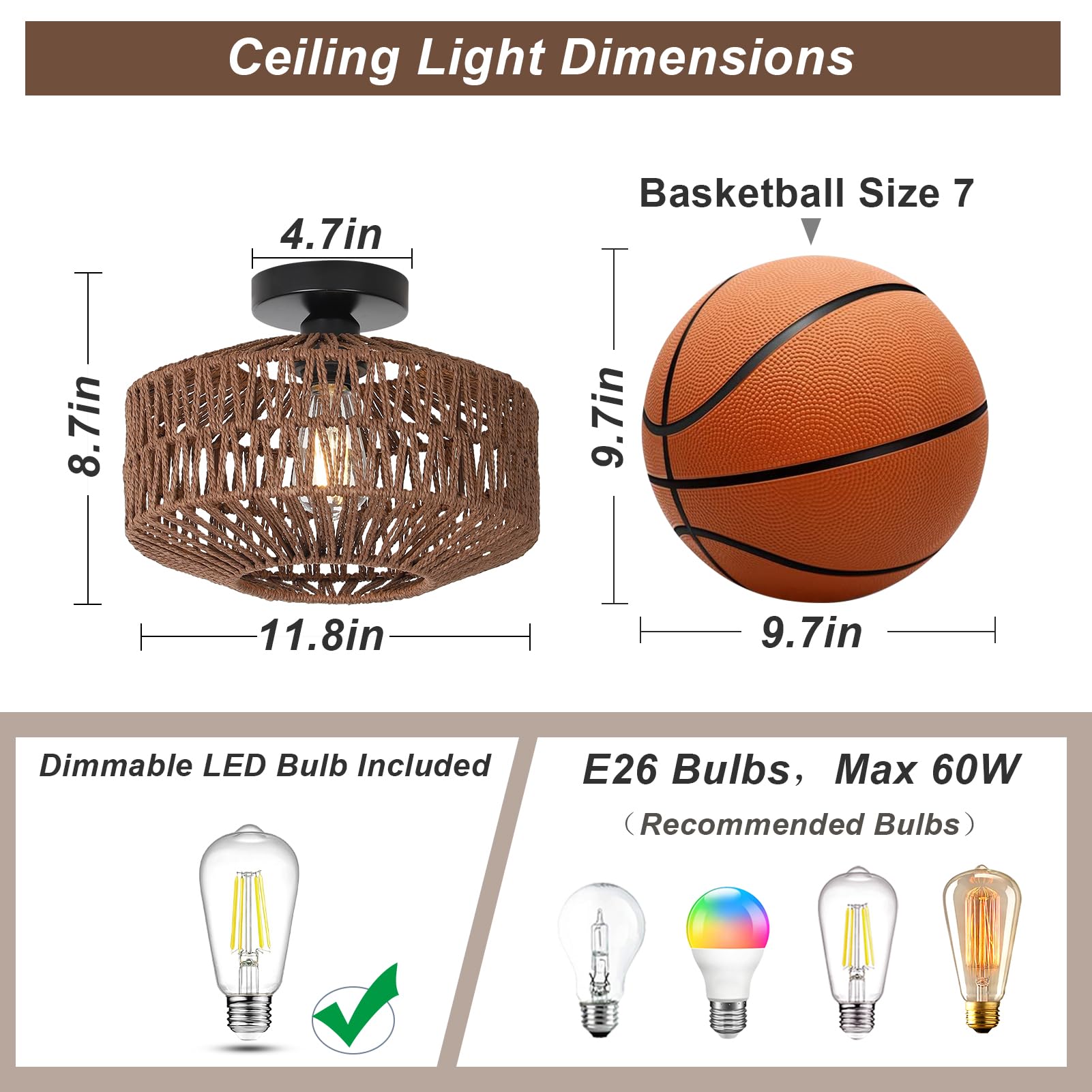 Jobtical Boho Rattan Light Fixtures Ceiling Mount,Ceiling Light Fixtures With Dimmable Led Bulb,Hand Woven Rattan Chandelier Lig