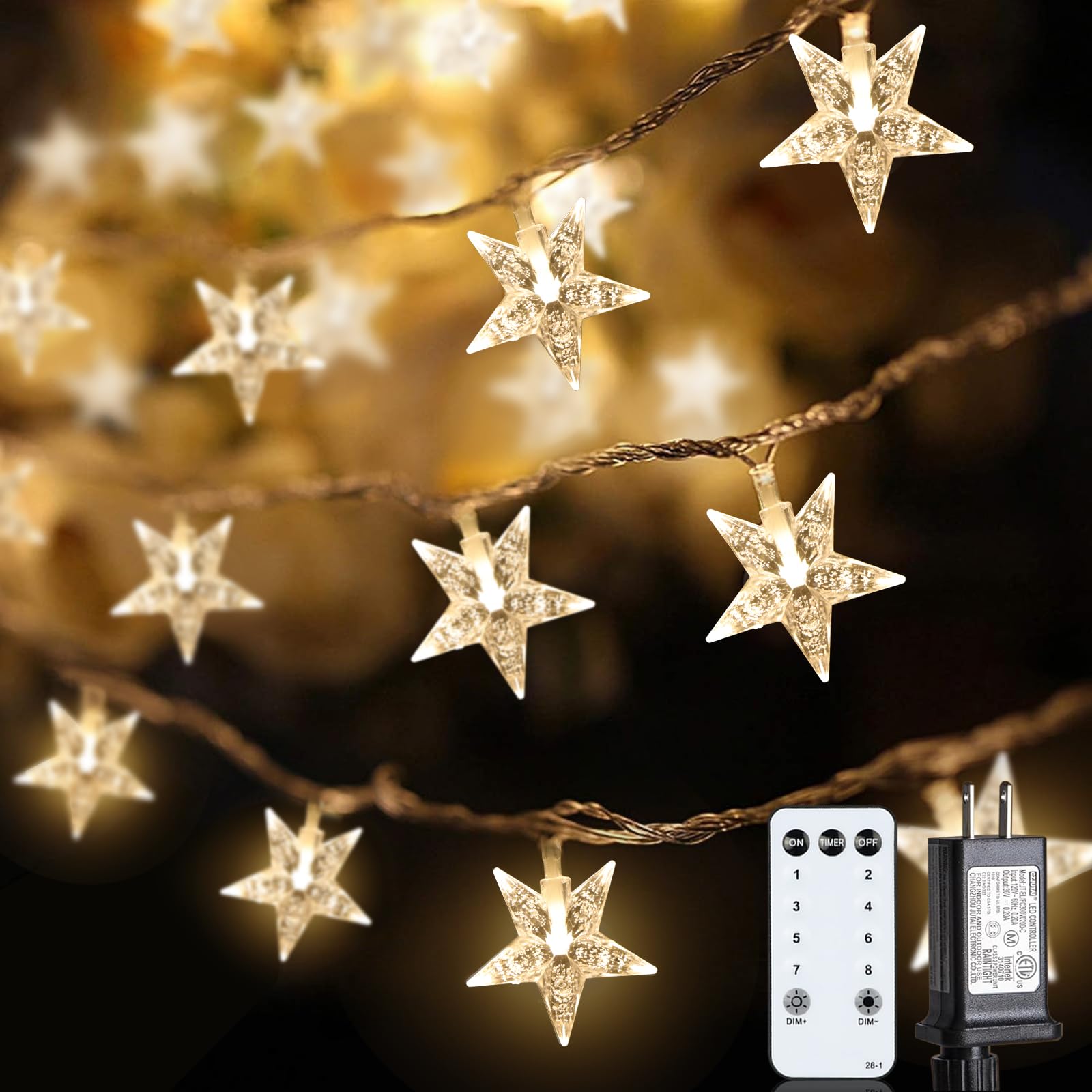 JOLYMOLY Star String Lights, 100 LED, 59ft, Warm White, Waterproof, Plug-in, Model FX-SL002, Remote Timer for Indoor/Outdoor Decor