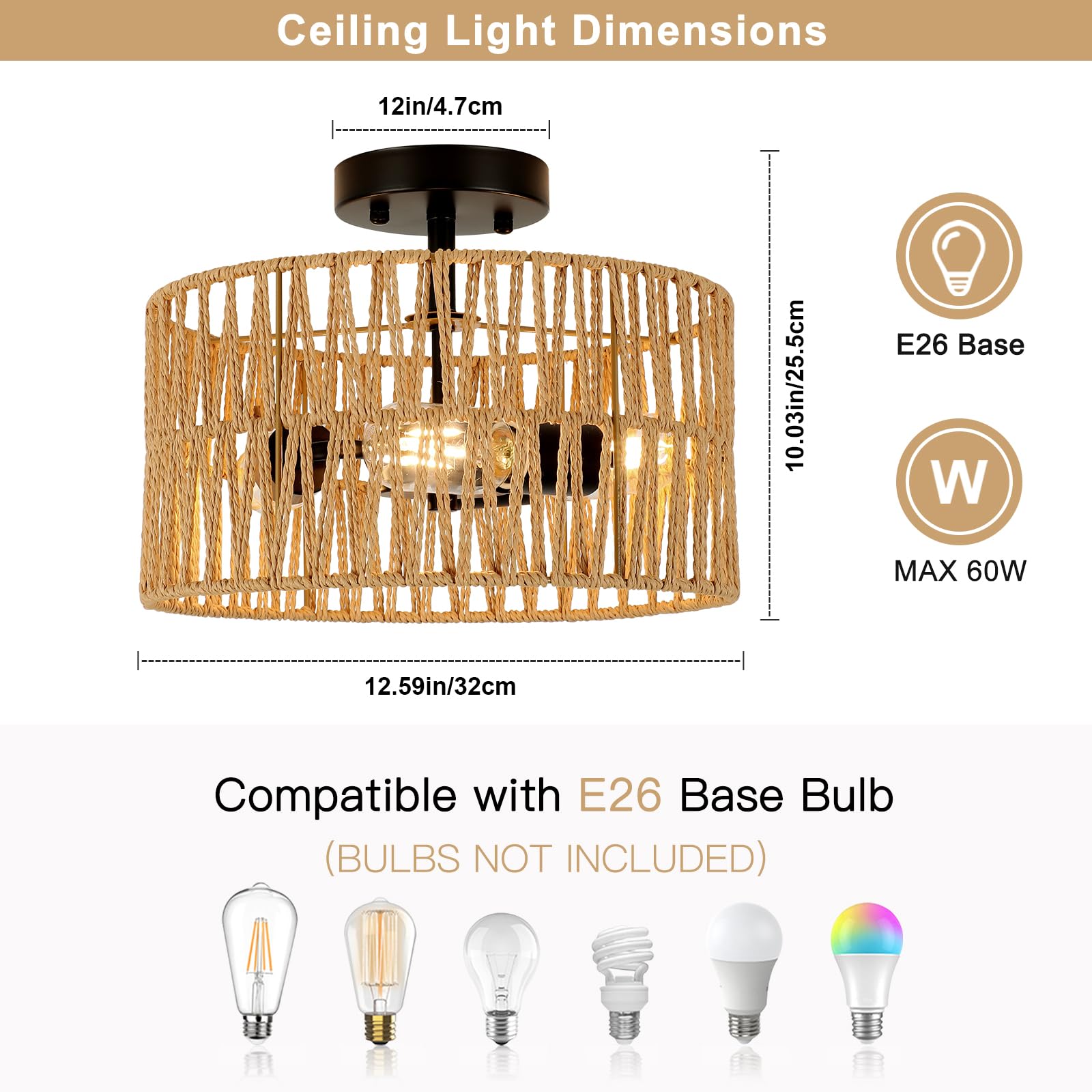 Foucasal Woven Semi Flush Mount Light Fixture, 3-Light Farmhouse Rattan Light Rustic Coastal Hemp Rope Black Ceiling Light For H