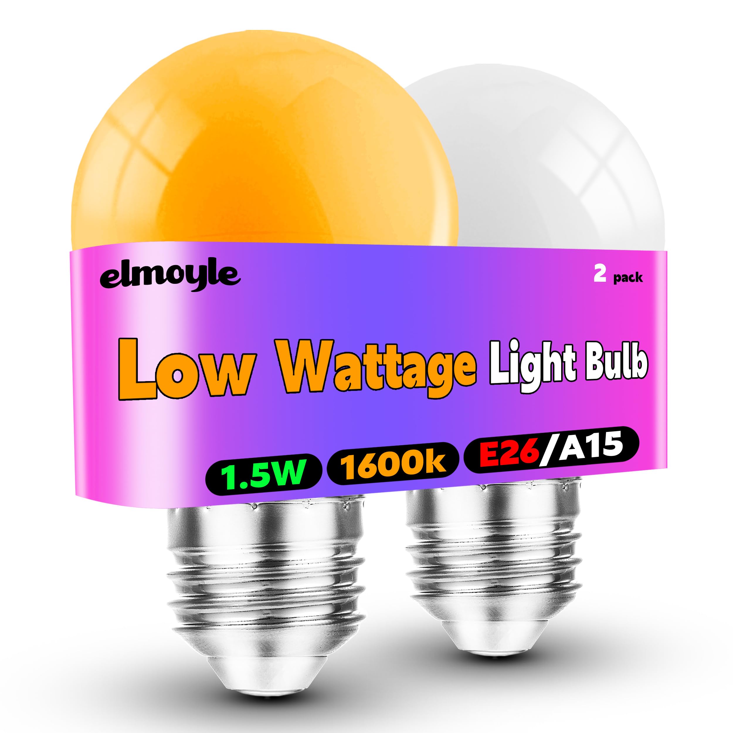 1.5W Low Watt Amber Light Bulbs 1600k 15w Equivalent, A15 Low Brightness Warm Light Bulb 130lm, Blue Light Blocking, E26 Low Lig