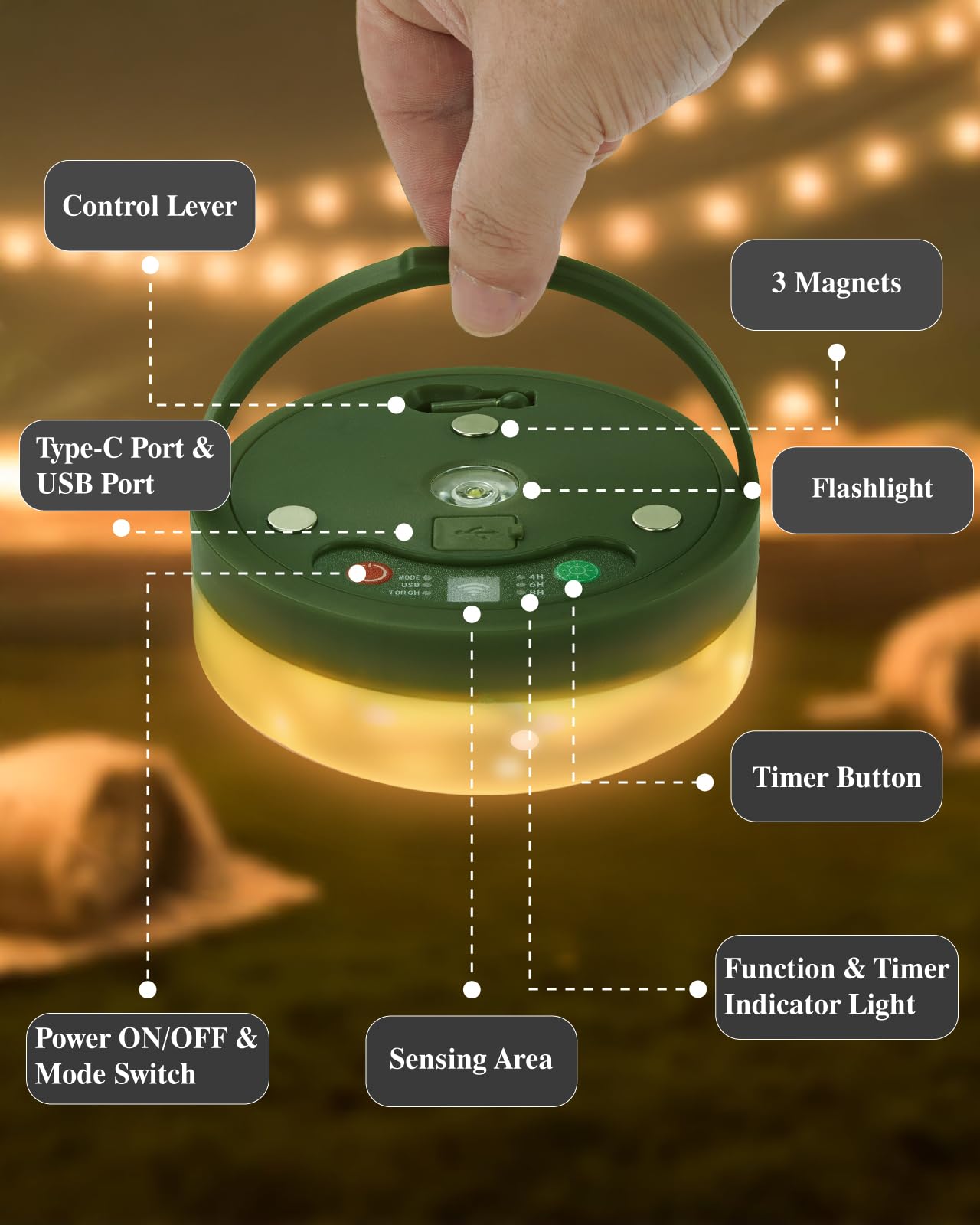 Anpro 4 in 1 Camping String Lights, 32.8 Ft, 130 LEDs, USB Rechargeable, Remote Control, Warm White, Model ACANTY0103-1-AP