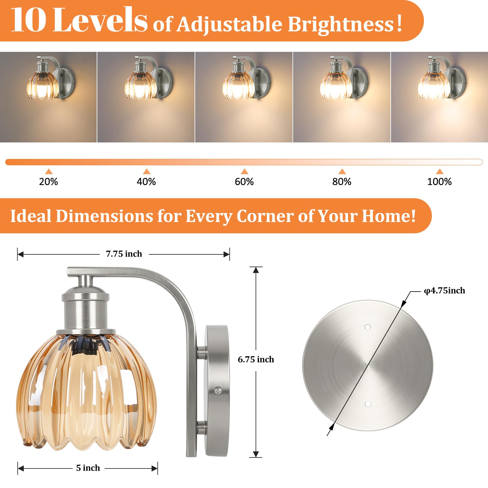 VerRon Rechargeable Wall Sconce Set of 2, Amber Glass, Wireless, Remote Control, Brushed Nickel, Model B05092P(2PK)