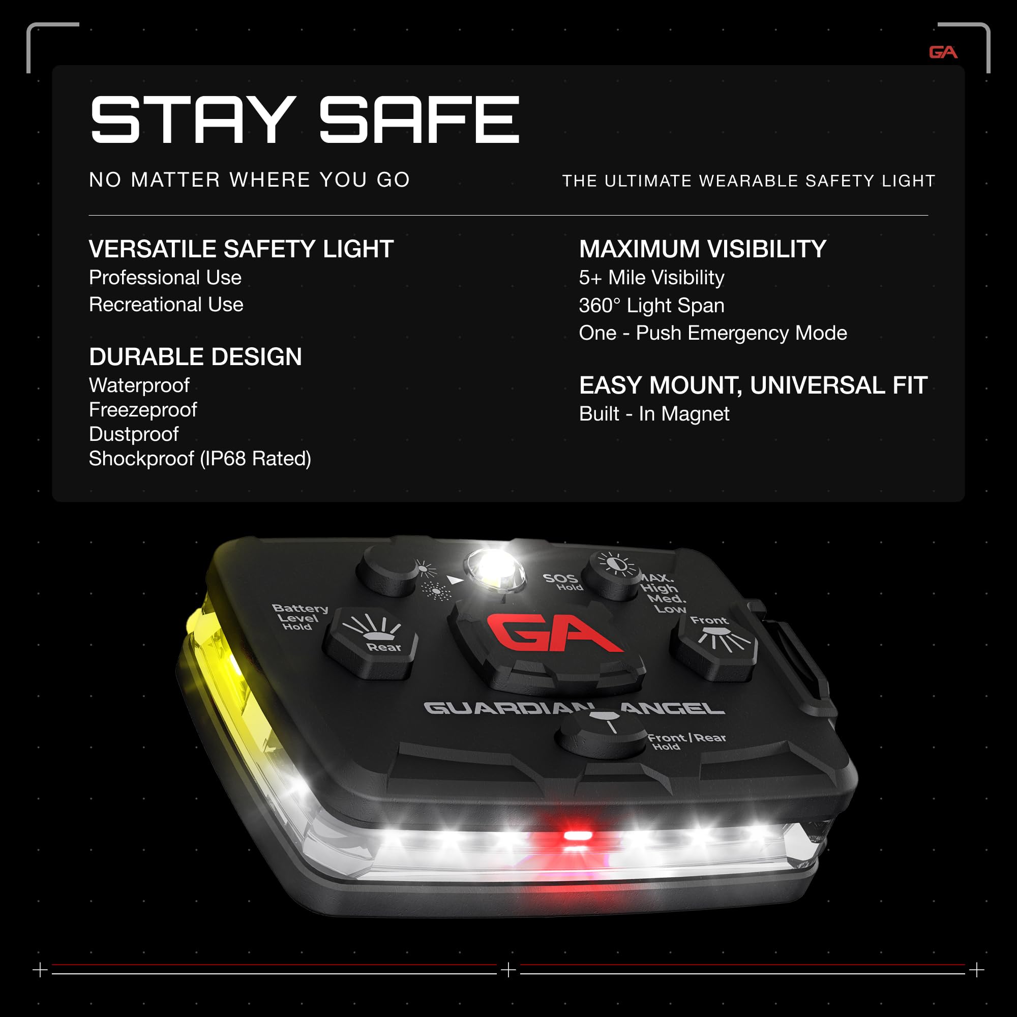 Guardian Angel Elite Series Safety Light, Beacon Device (White Front & White/Yellow Rear) Rechargeable, Magnetic, Hands-Free Wea