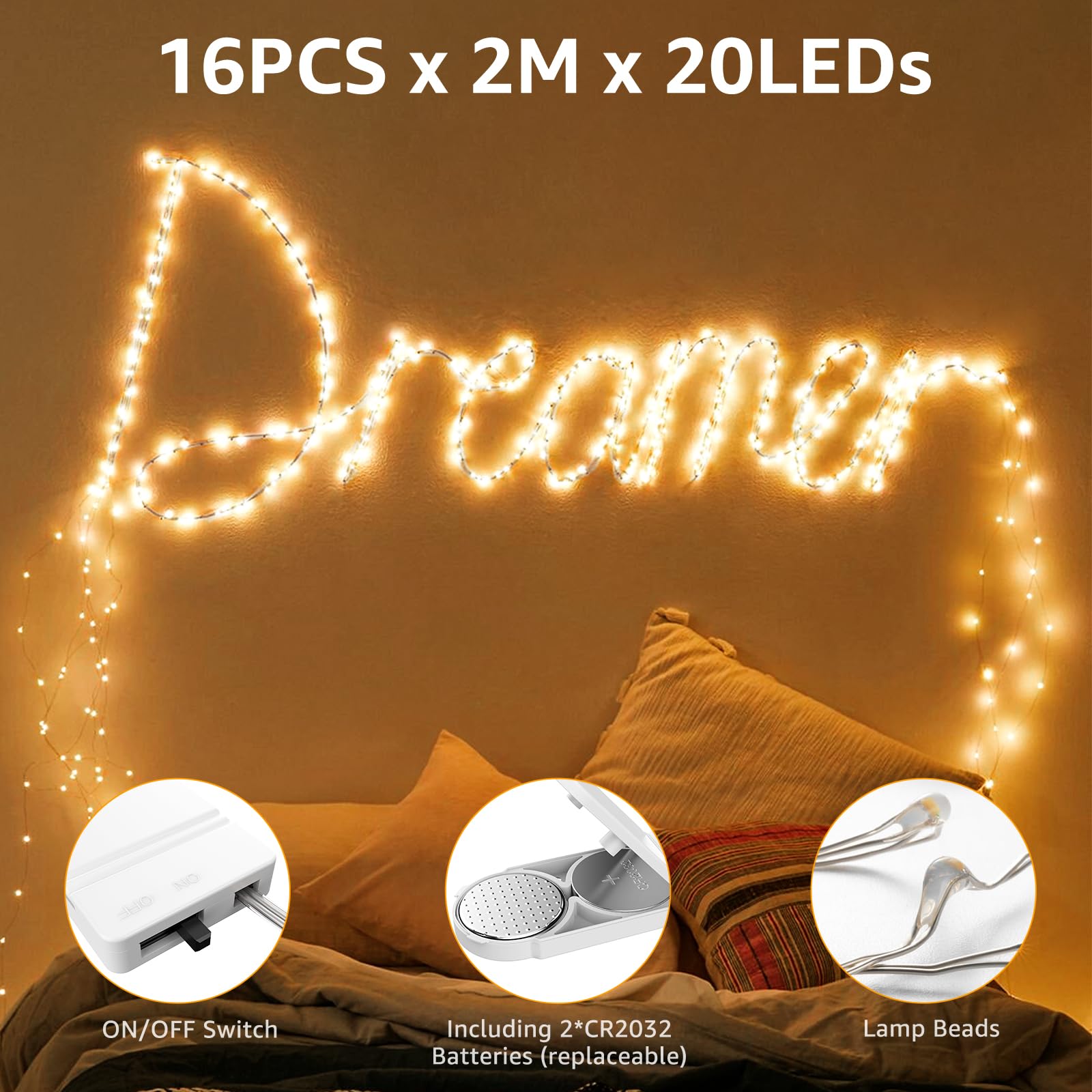 Olafus 16 Pack Fairy Lights, Battery Operated, 20 LED, 7ft Copper Wire, Warm White, IP68 Waterproof for Weddings & Parties