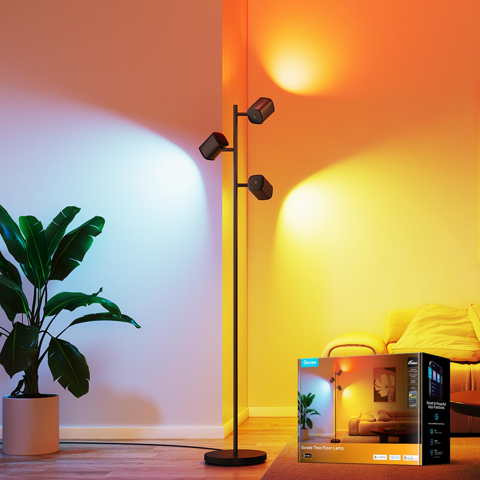Govee Tree Floor Lamp Compatible with Matter  3 Rotatable Lights with LuminBlend Technology  Standing Lamp with 64 Dynamic Scenes  Music Sync  Ideal Floor Lamp for Living Room  Bedroom  Office