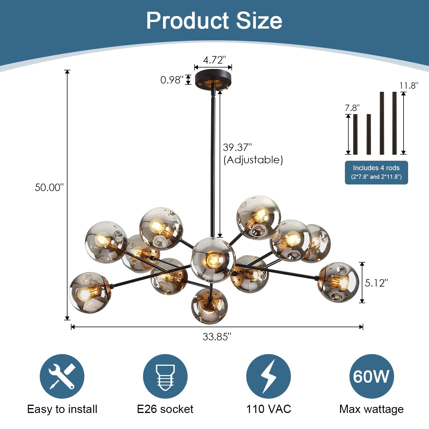DDLLDESHI 12-Light Modern Black Chandelier with Glass Shades - 34" Sputnik Ceiling Light for Dining Room, Kitchen, Living Room, Office