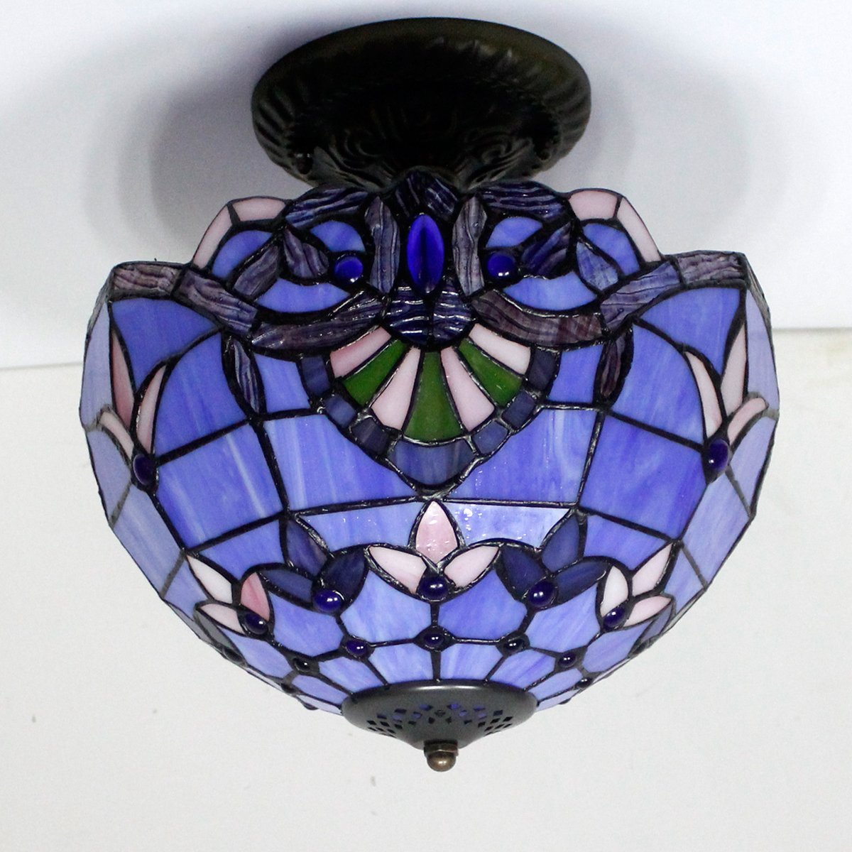 WERFACTORY Tiffany Ceiling Light Fixture, Blue Purple Baroque, Glass, 12x11 Inch, Semi Flush Mount, Model S003C Series