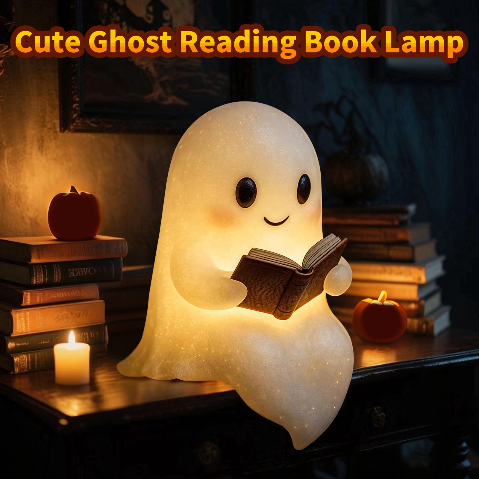 Qetrabone Halloween Ghost Reading Book Lamp  Funny Ghost Figurine Statue  Halloween Decoration For Gift Props Tabletop Bookshelf Home Decor