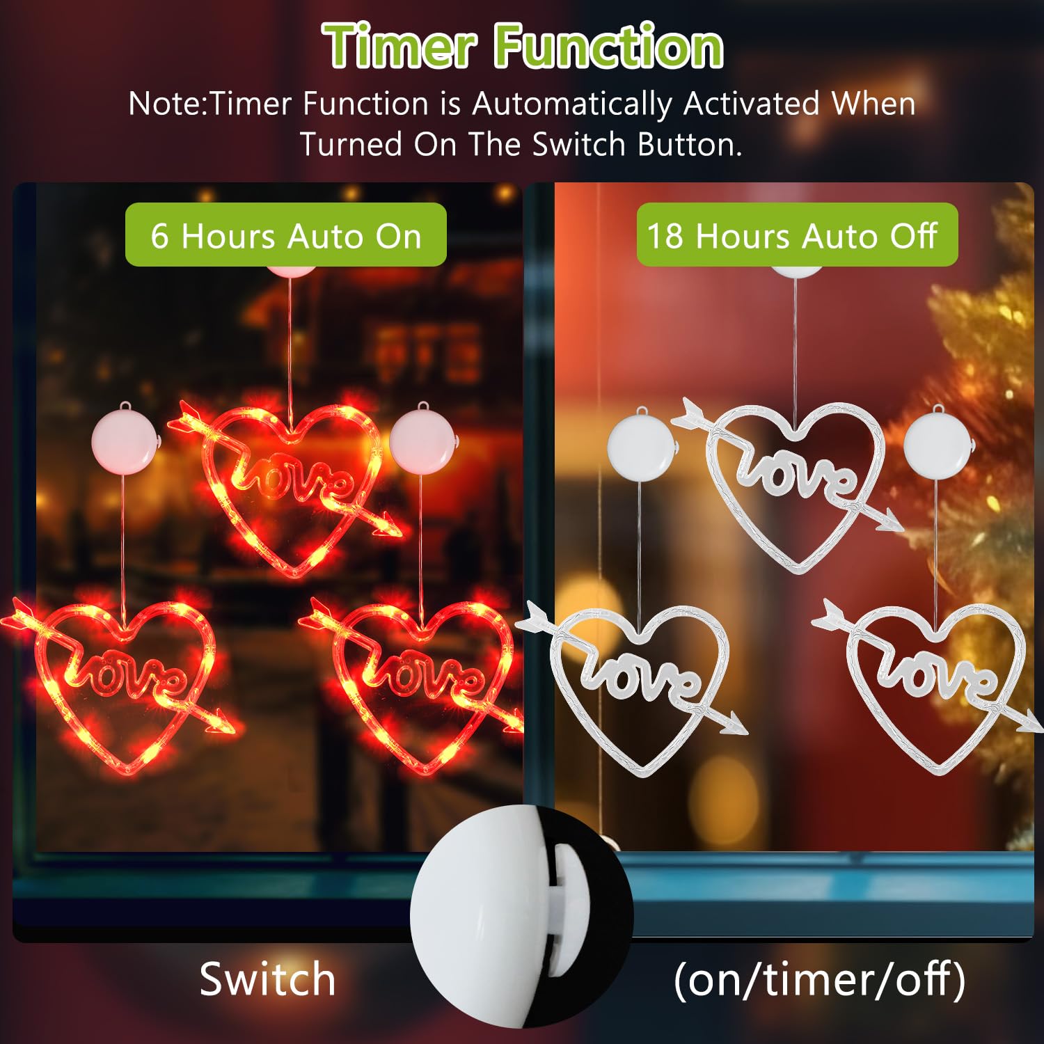 Valentine Day Window Lights,3Pcs Valentines Decorations Heart Lights With Suction Cup,Timer,Battery Operated Indoor String Lights For Home Wedding Anniversary(Red)
