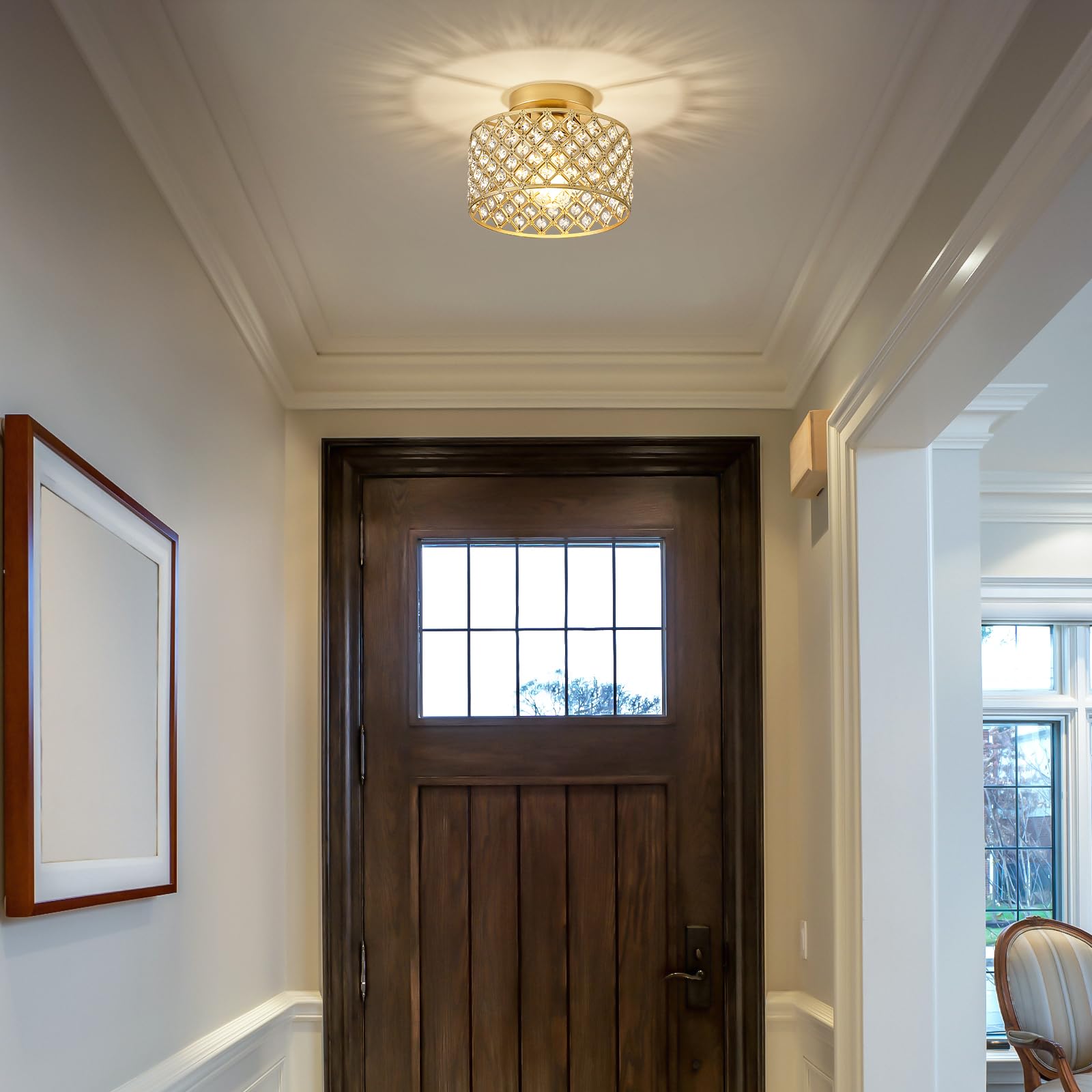 BZVESR Gold Crystal Ceiling Light Fixture, Modern 9" Semi Flush Mount Chandelier for Hallway, Kitchen, Bedroom - Model 20251229002