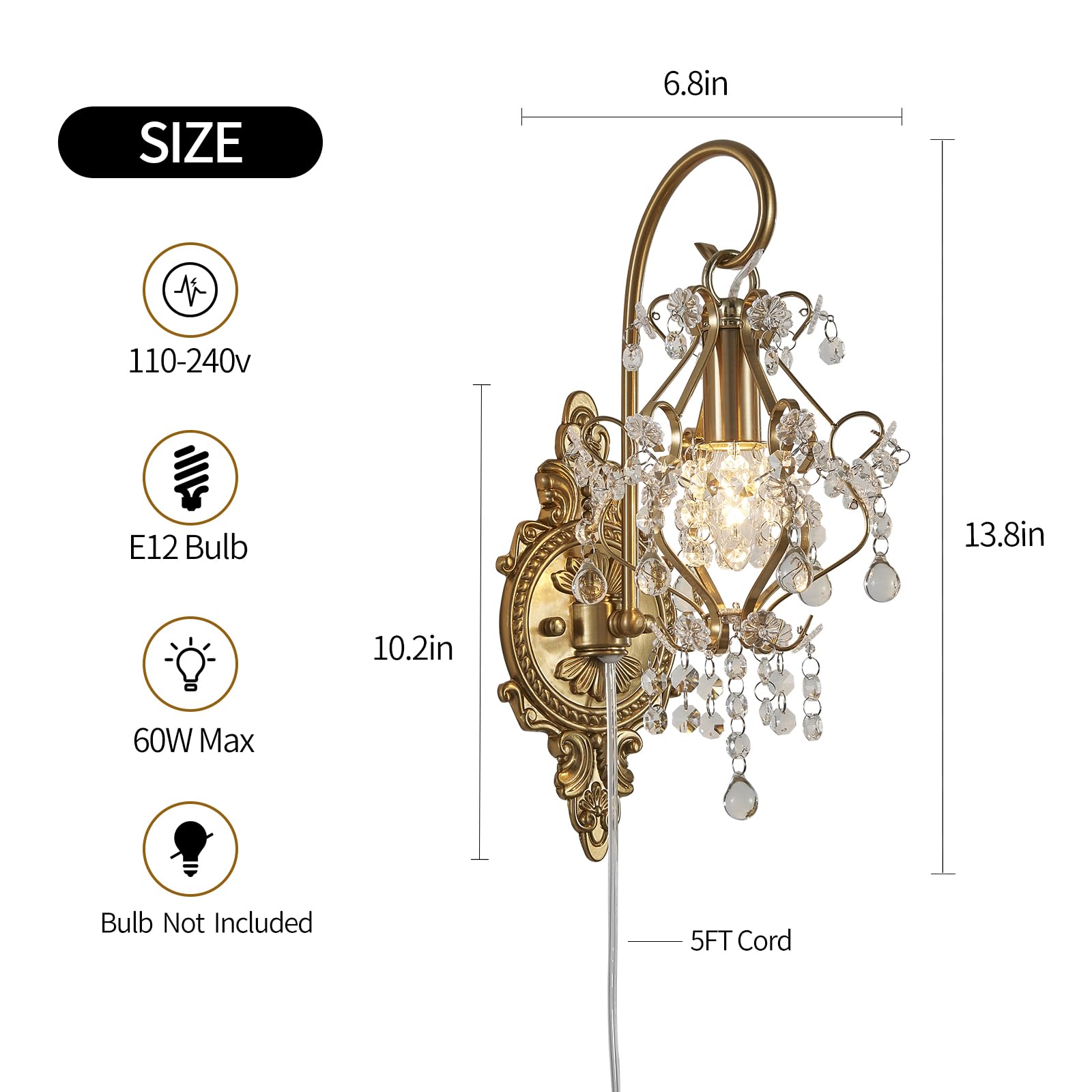 Fetason Gold Vintage Wall Sconces Set of 2, Modern Plug-in Light Fixture for Bedroom, Bathroom, Hallway - Model FT603, Iron Material