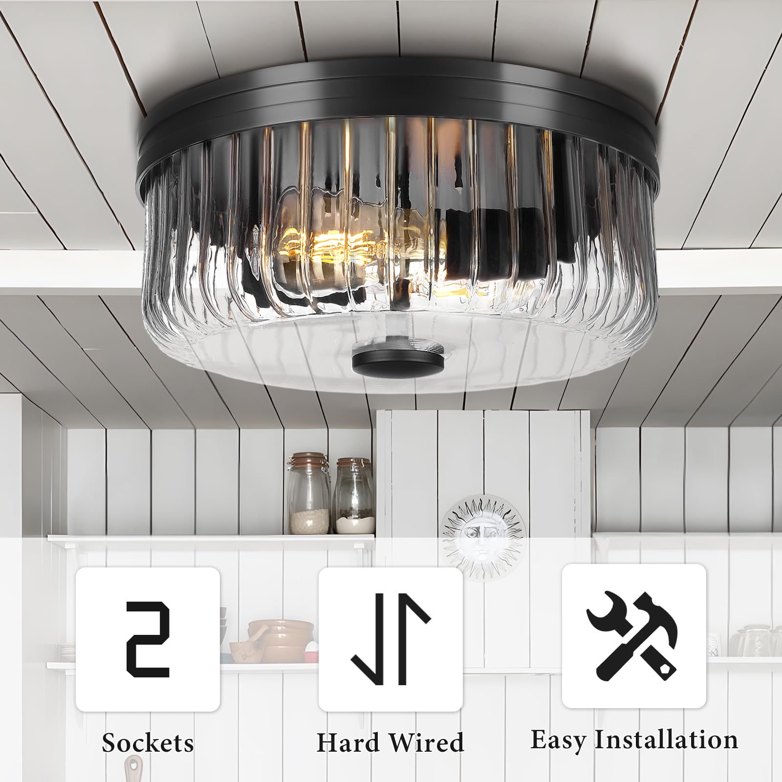 Rosient Modern Flush Mount Ceiling Light, Ceiling Lamp With Clear Striped Glass Shade, Rustic Round Ceiling Light Fixture For Ki