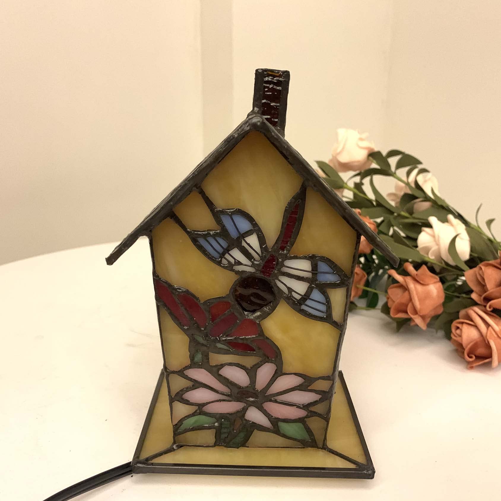 Bieye L10782 Tiffany Style Stained Glass Birdhouse Table Lamp For Home Decor (7-Inch High, Dragonfly)