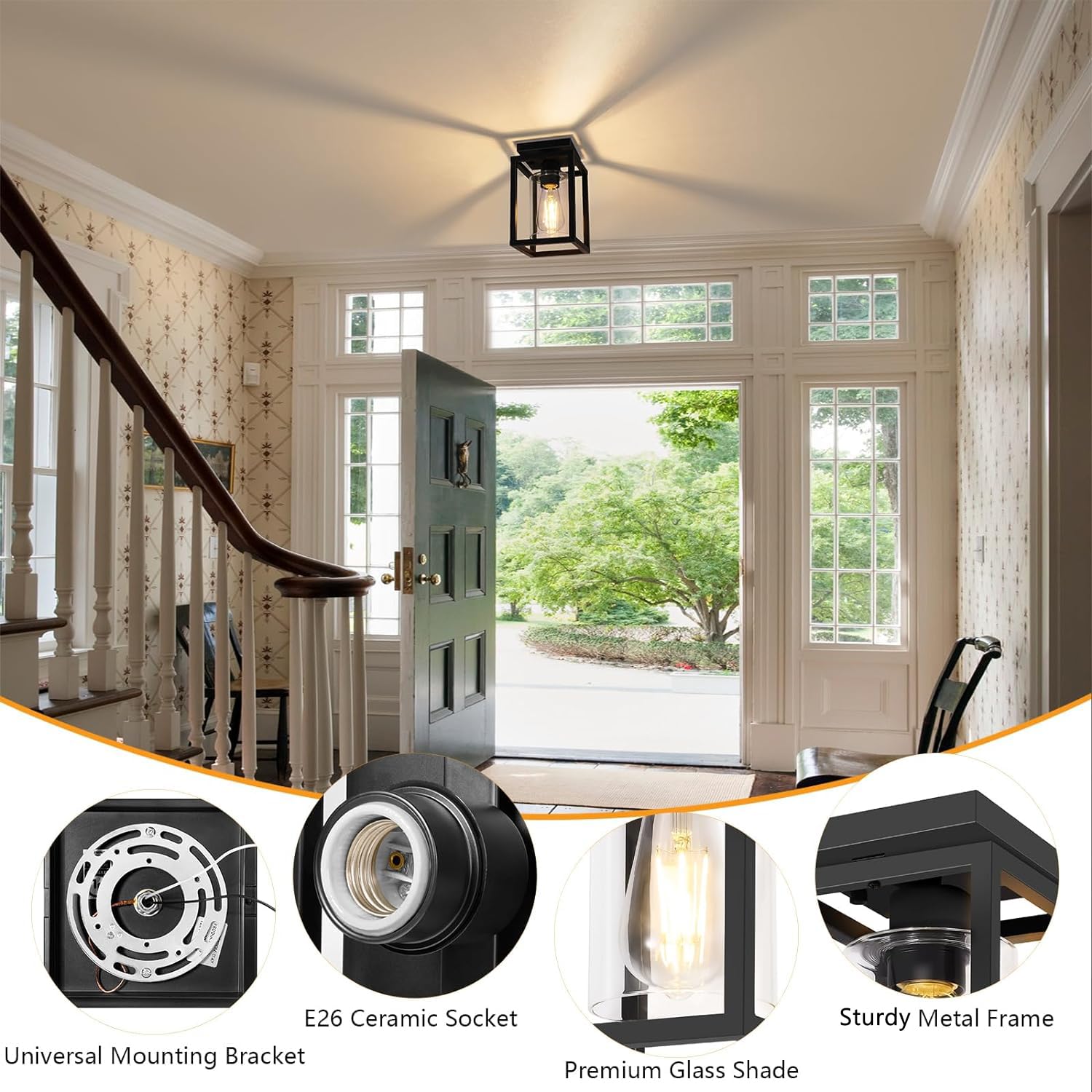 Baocuz Semi Flush Mount Ceiling Light Fixture, Black Metal Frame, Clear Glass Shade, E26 Base, Farmhouse Style, 1 Pack
