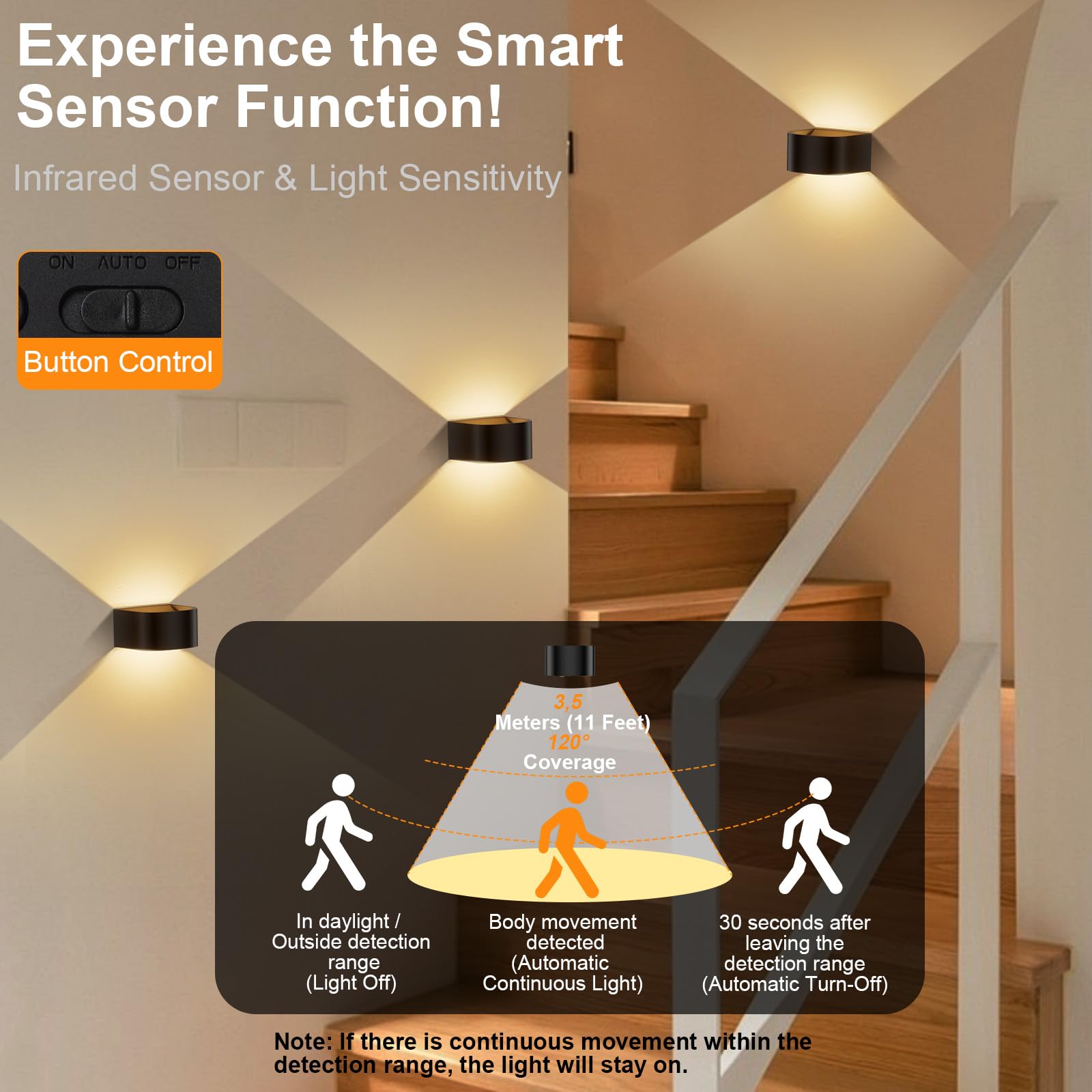 Audor Motion Sensor Wall Light, Rechargeable 5000mAh, Remote Control, 3-Color Adjustable, Black, Indoor LED Sconce