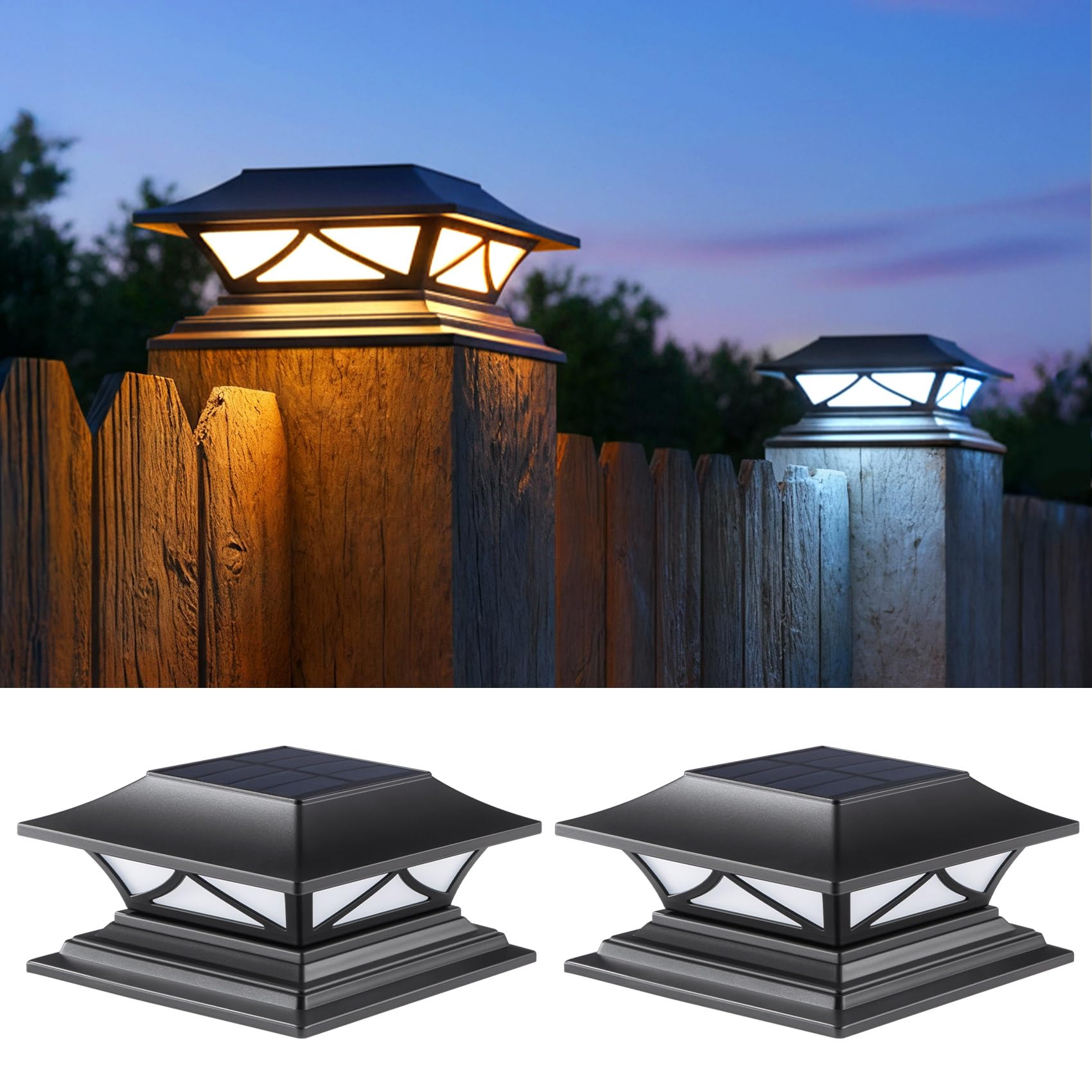 PASAMIC 2 Pack Solar Post Cap Lights, Waterproof Outdoor Lights for 4x4 5x5 6x6 Wood Posts, Fence Post Solar Lights with 2 Color