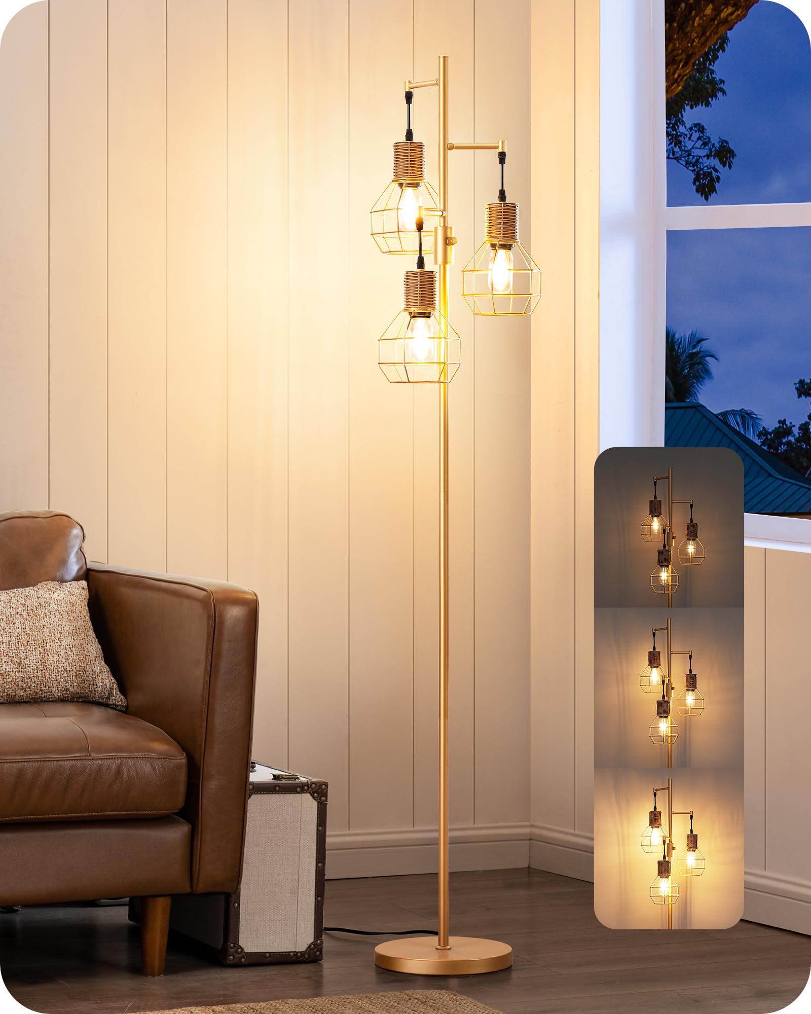 EDISHINE Dimmable Farmhouse Floor Lamp for Living Room, Industrial Standing Lamp with 3 LED Edison Bulbs, Corner Rustic Rattan T