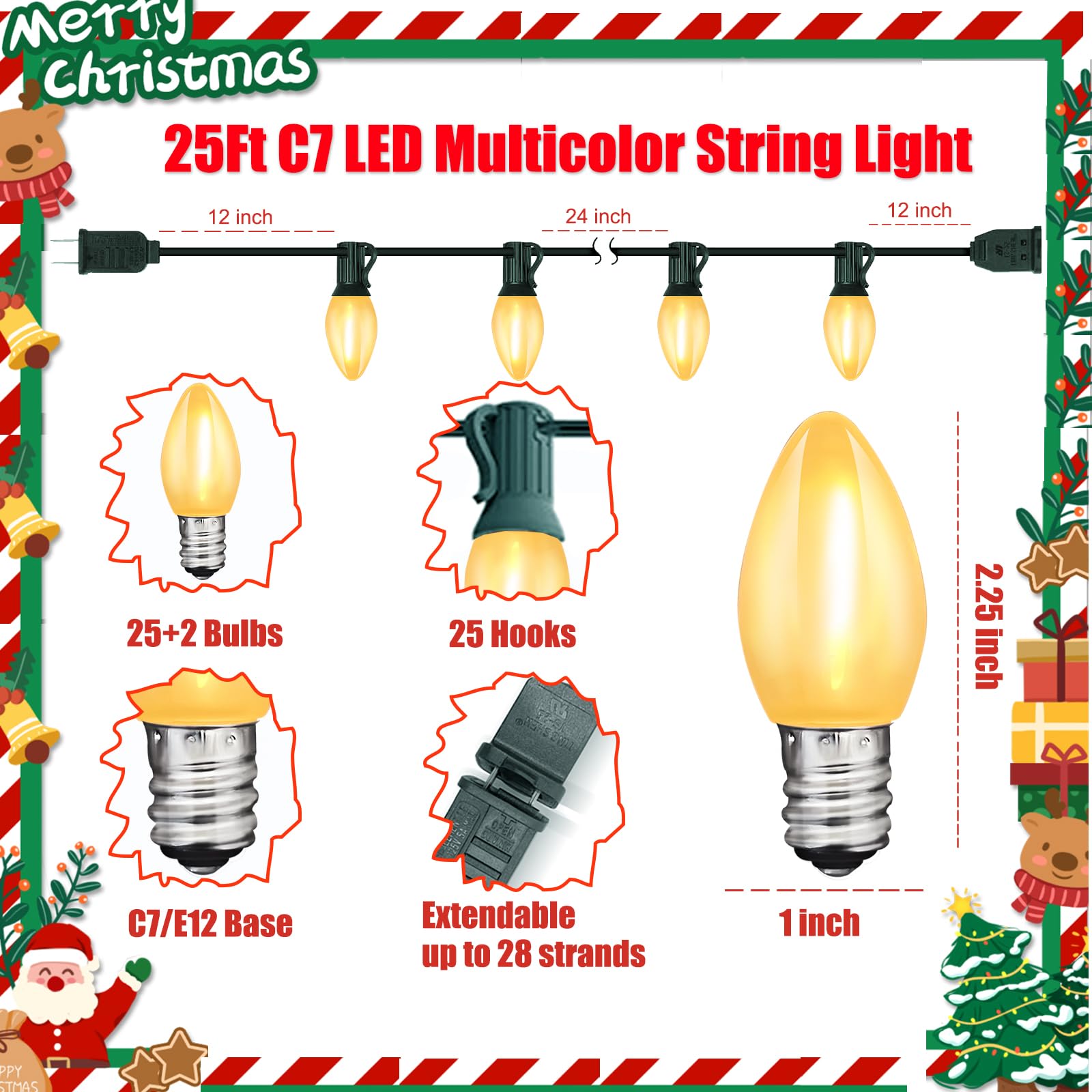 C7 Led Outdoor Frosted White String Lights, 25Ft Led Outdoor Christmas Lights With 27 Clear Shatterproof Bulbs, Hanging Outdoor