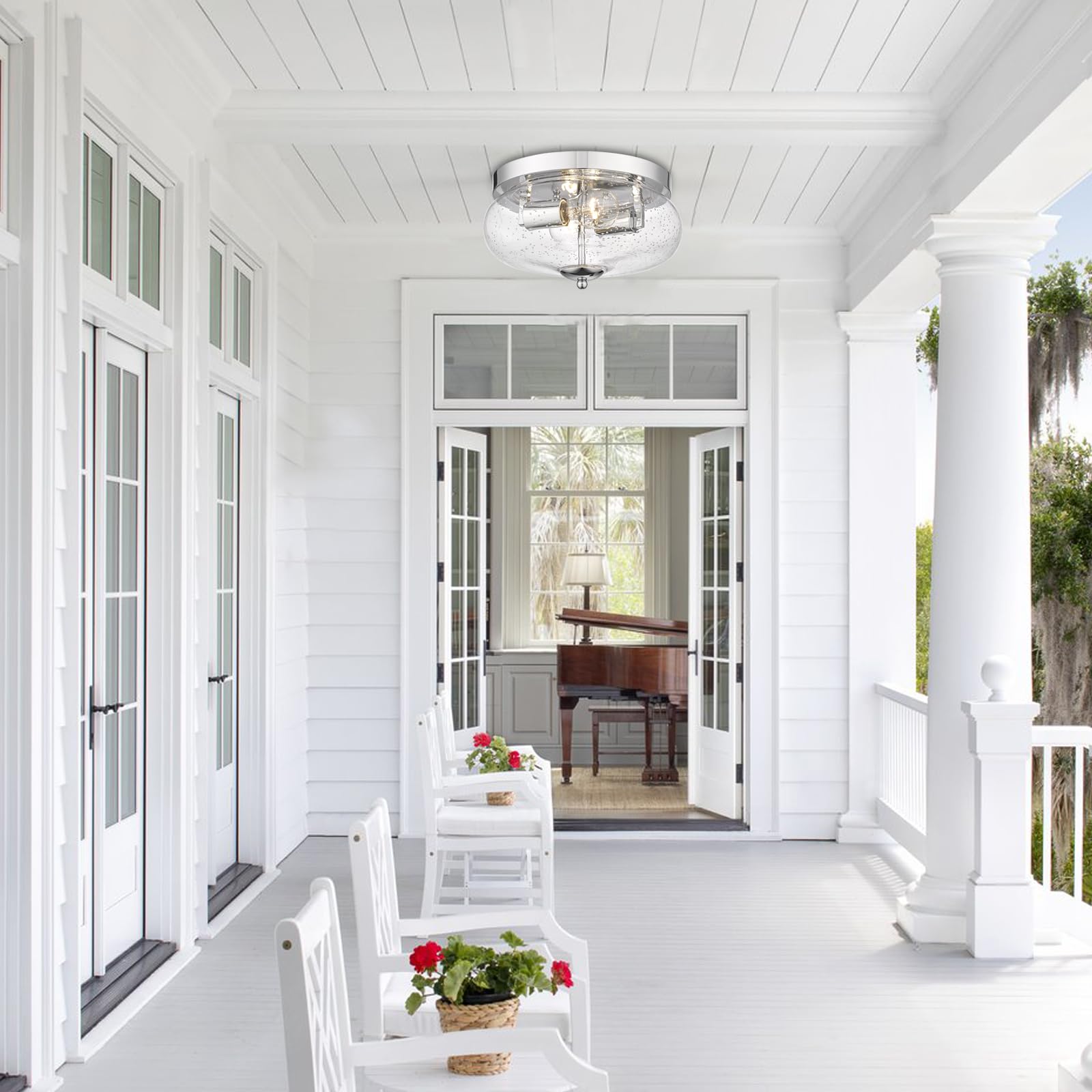 Darkaway Ceiling Light Fixture, Seeded Glass Shade, 11 Inch, Chrome Finish, Model 6T1F, Indoor/Outdoor Use